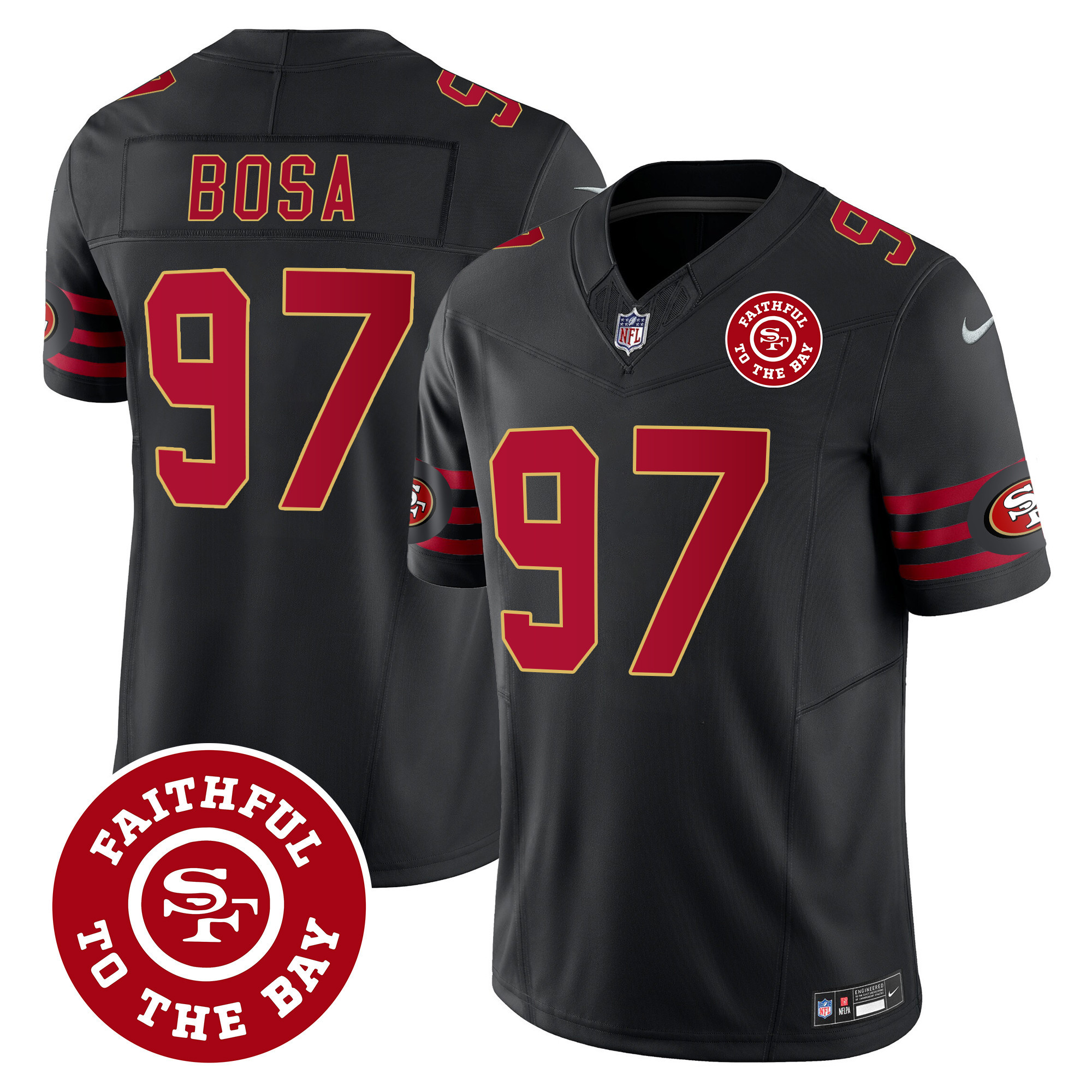 Men's Nick Bosa San Francisco 49ers Throwback Faithful To The Bay Patch Vapor Limited Black Jersey - All Stitched