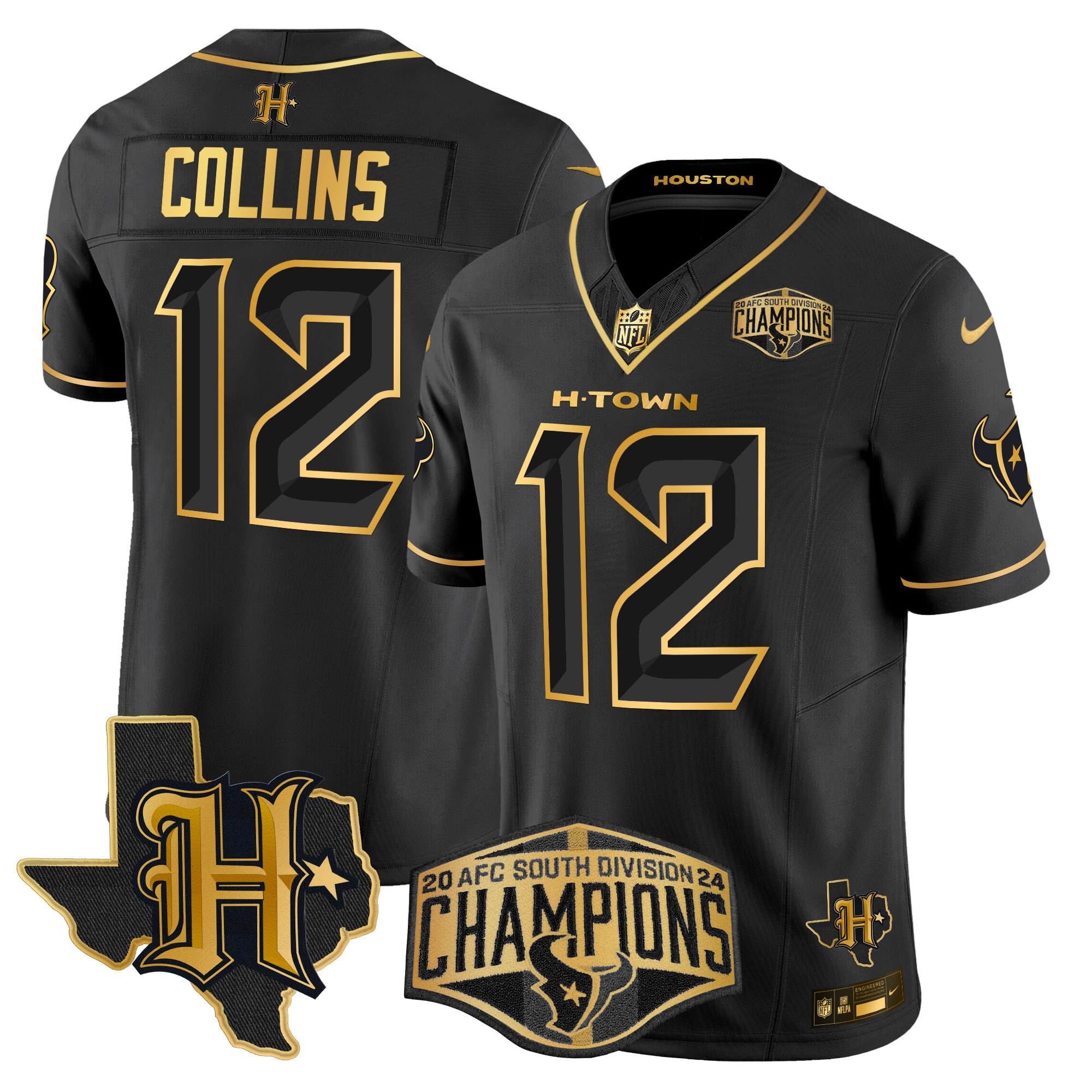 Men's Nico Collins Houston Texans 2024 AFC South Division Champions Patch Gold Vapor Limited Black Gold Jersey - All Stitched