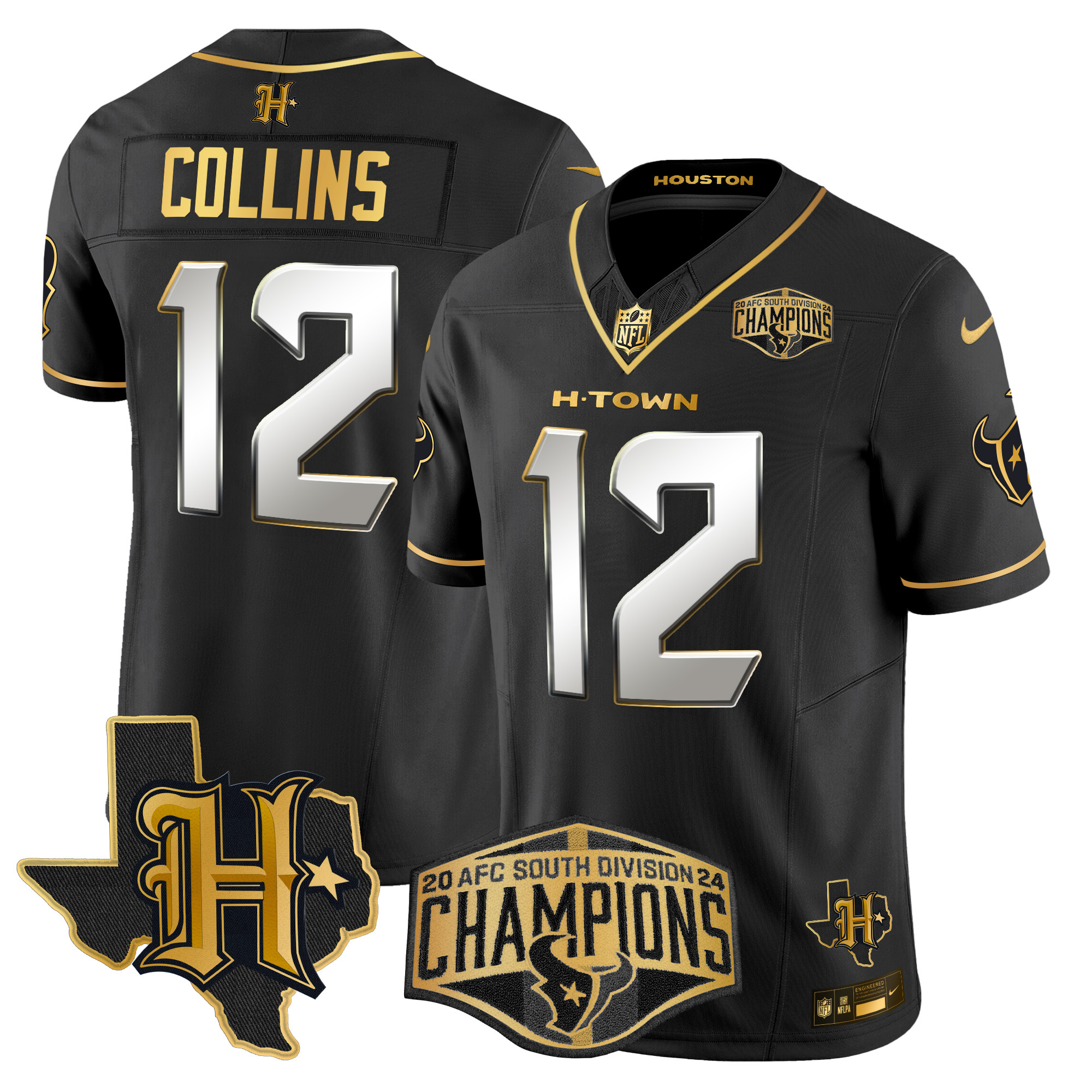 Men's Nico Collins Houston Texans 2024 AFC South Division Champions Patch Gold Vapor Limited Black Limited Jersey - All Stitched