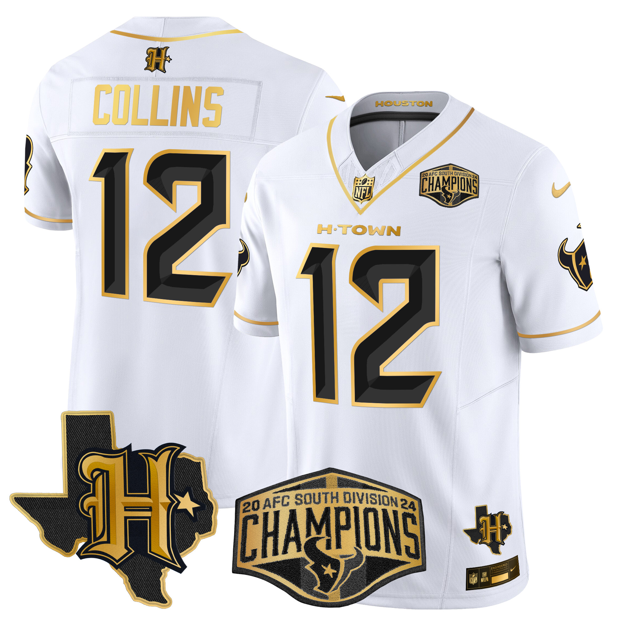 Men's Nico Collins Houston Texans 2024 AFC South Division Champions Patch Gold Vapor Limited White Gold Jersey - All Stitched