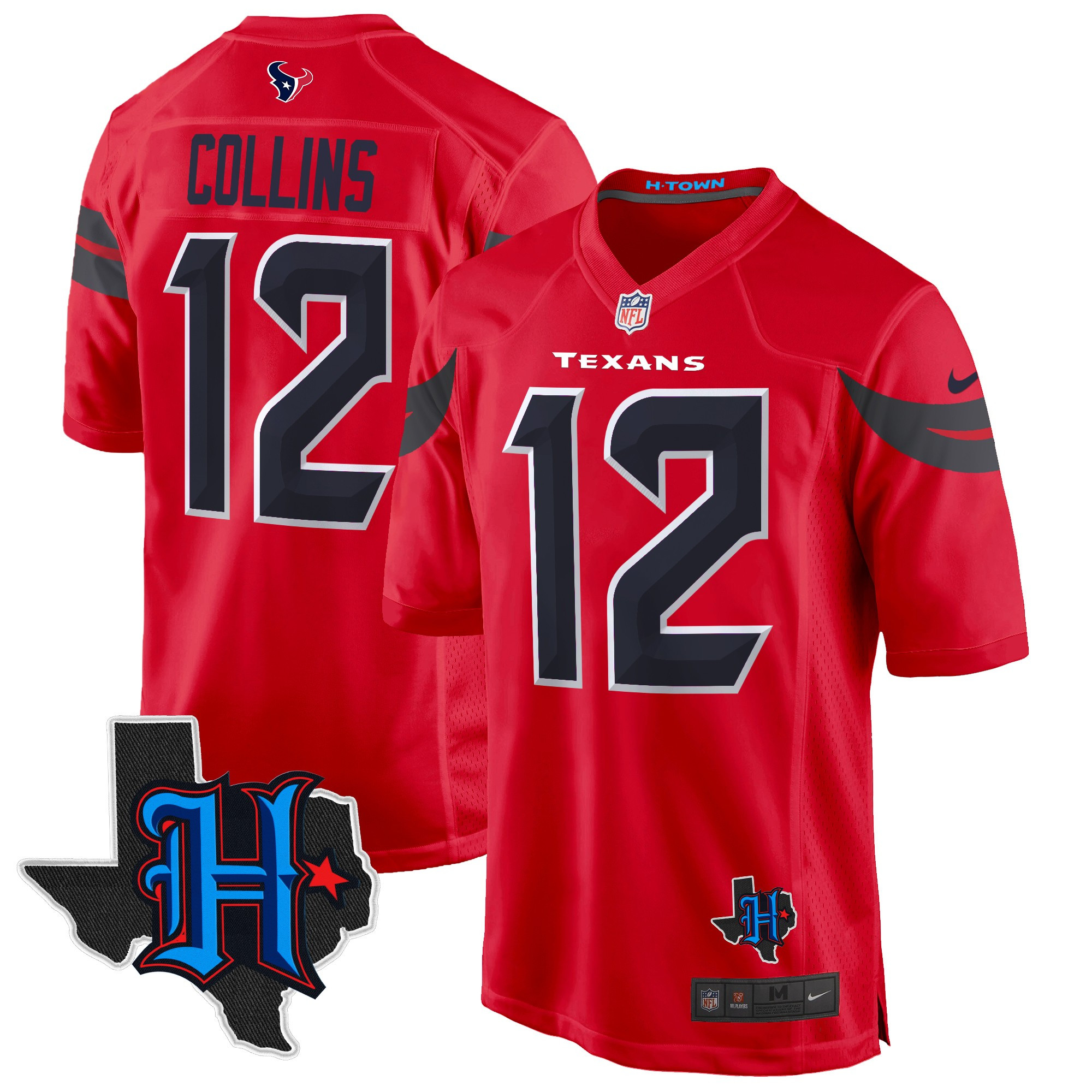 Men's Nico Collins Houston Texans 2024 Texas Patch Game Red Jersey - All Stitched