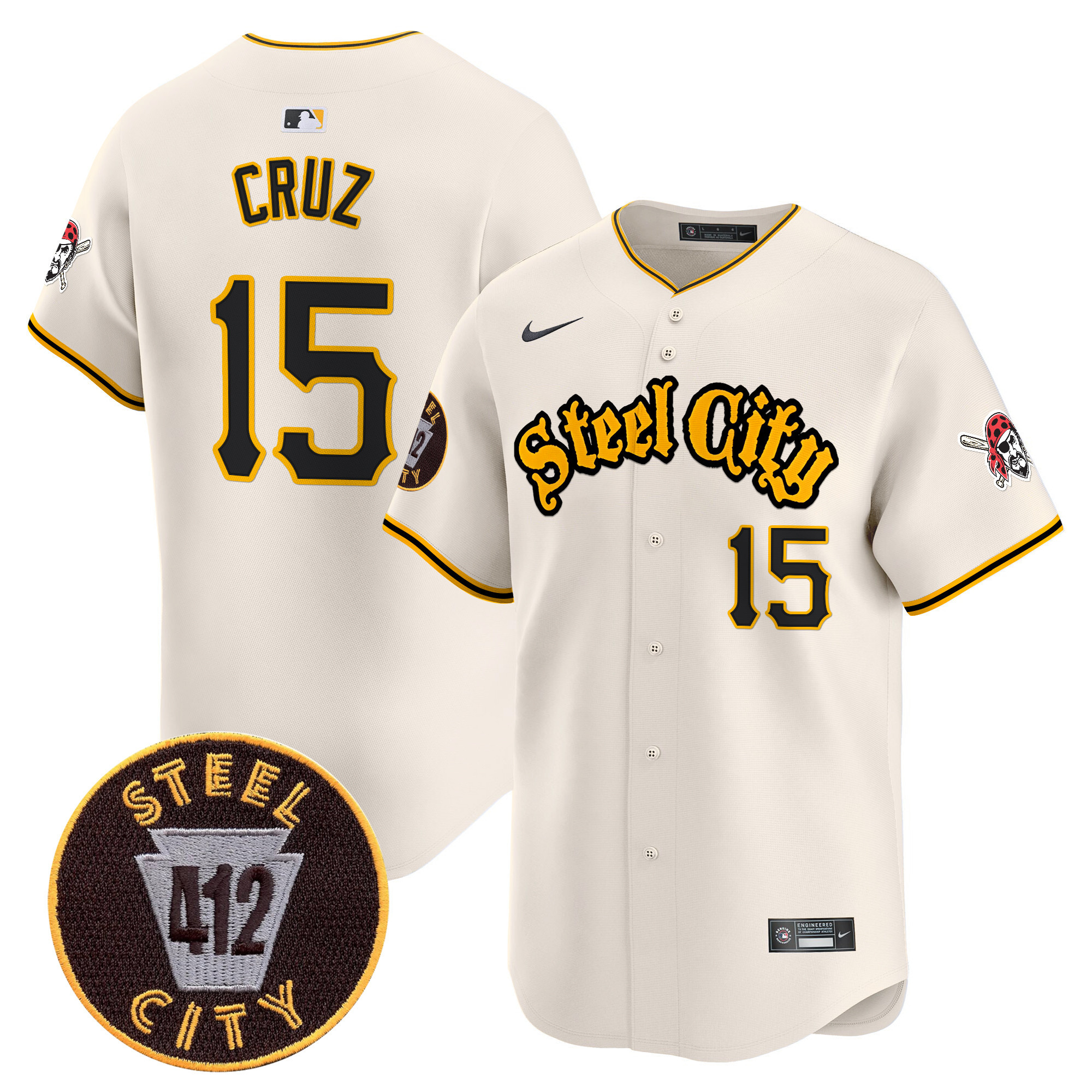 Men's Oneil Cruz Pittsburgh Pirates 412 Patch Vapor Premier Limited Cream Jersey - All Stitched