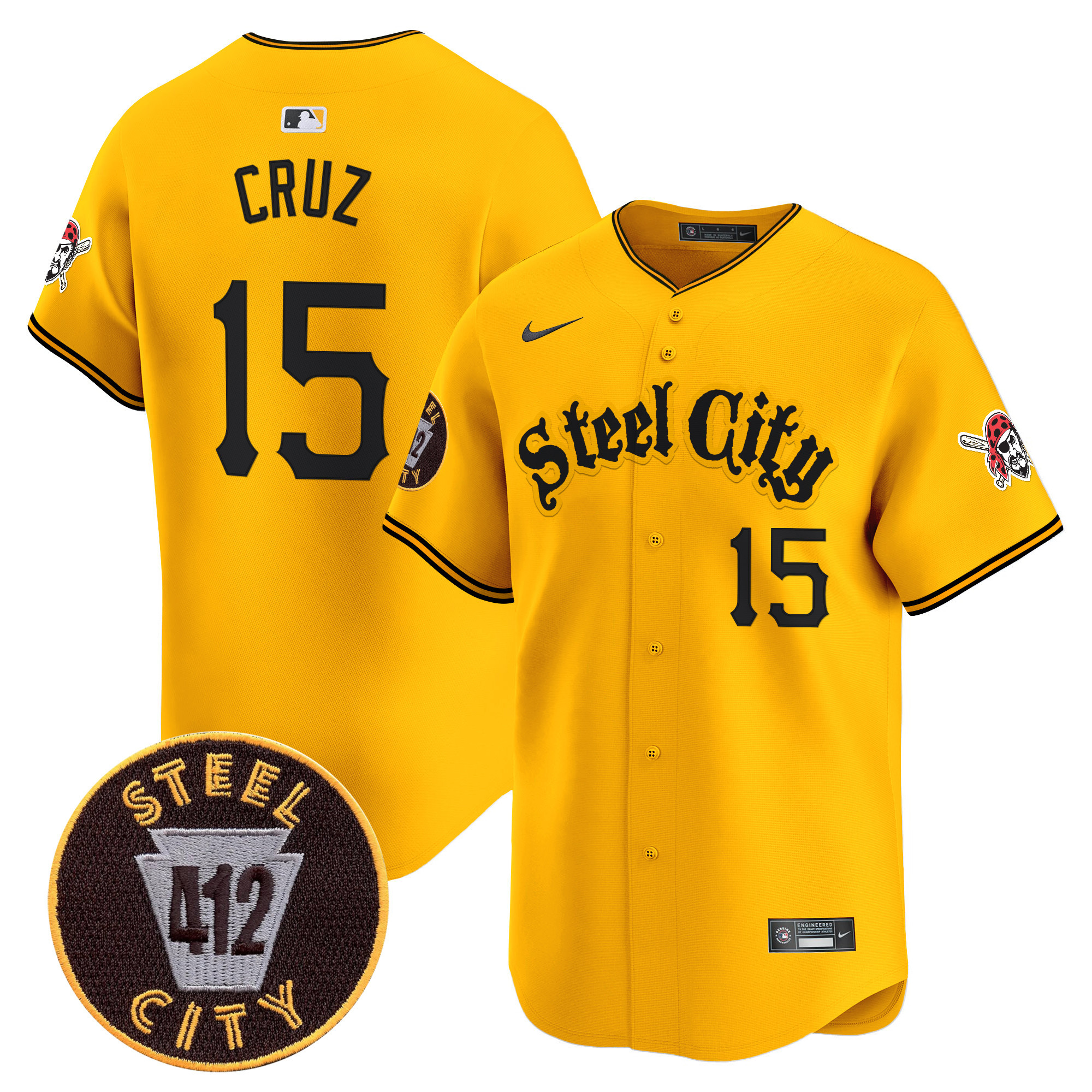 Men's Oneil Cruz Pittsburgh Pirates 412 Patch Vapor Premier Limited Gold Jersey - All Stitched