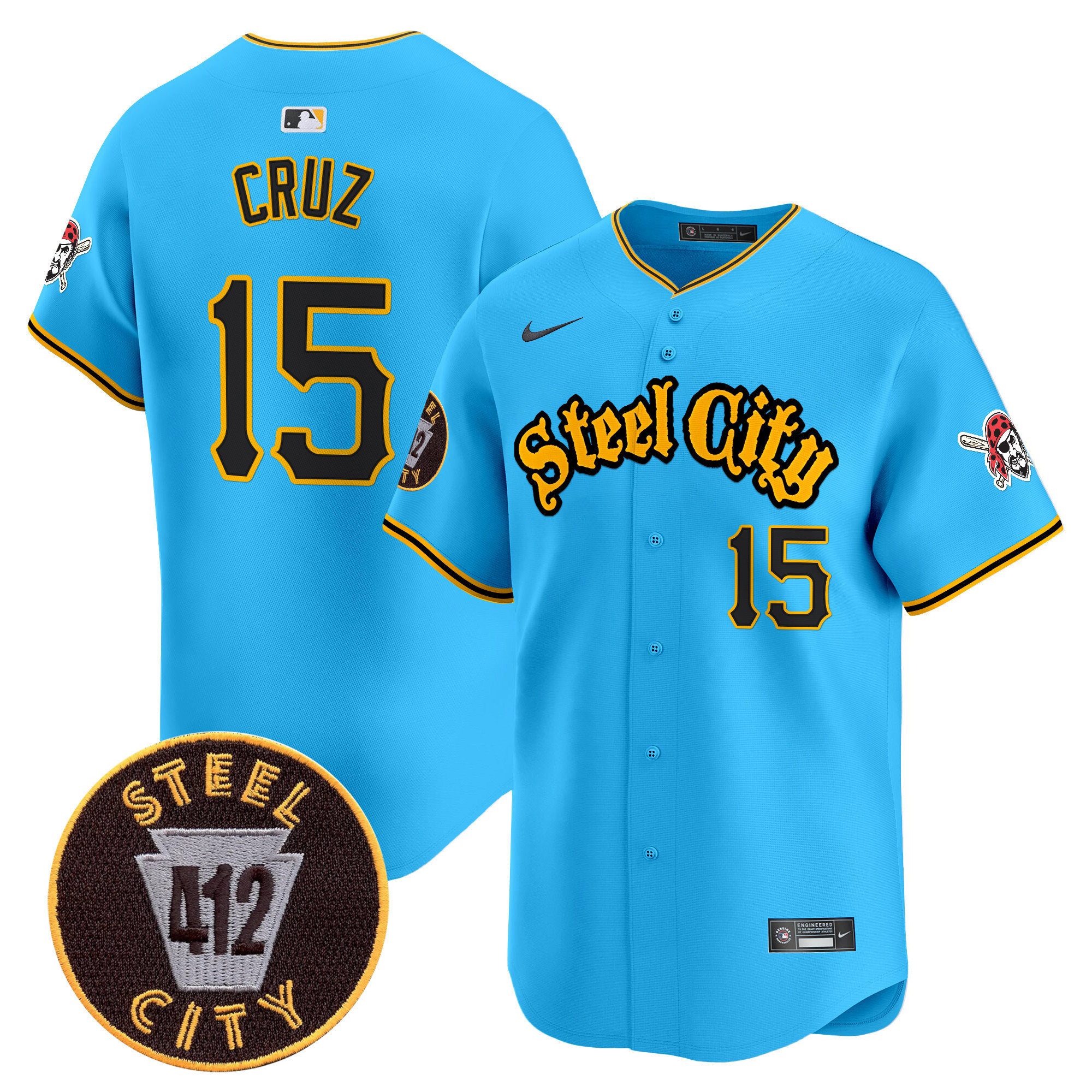 Men's Oneil Cruz Pittsburgh Pirates 412 Patch Vapor Premier Limited Light Blue Jersey - All Stitched