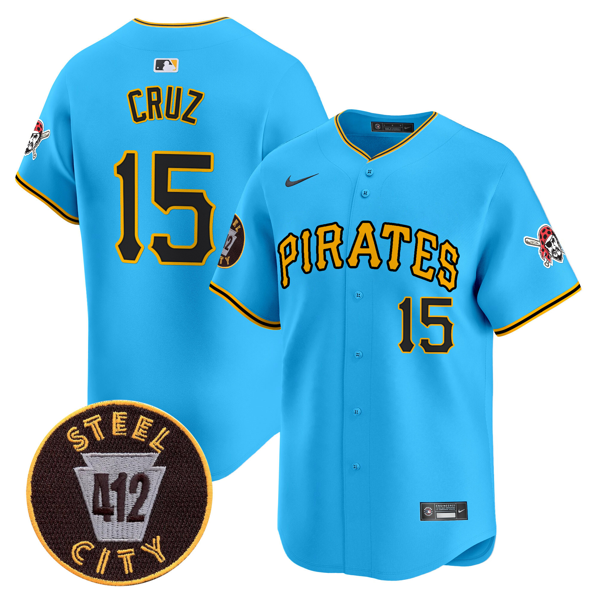 Men's Oneil Cruz Pittsburgh Pirates 412 Patch Vapor Premier Limited Light Blue Jersey V3 - All Stitched