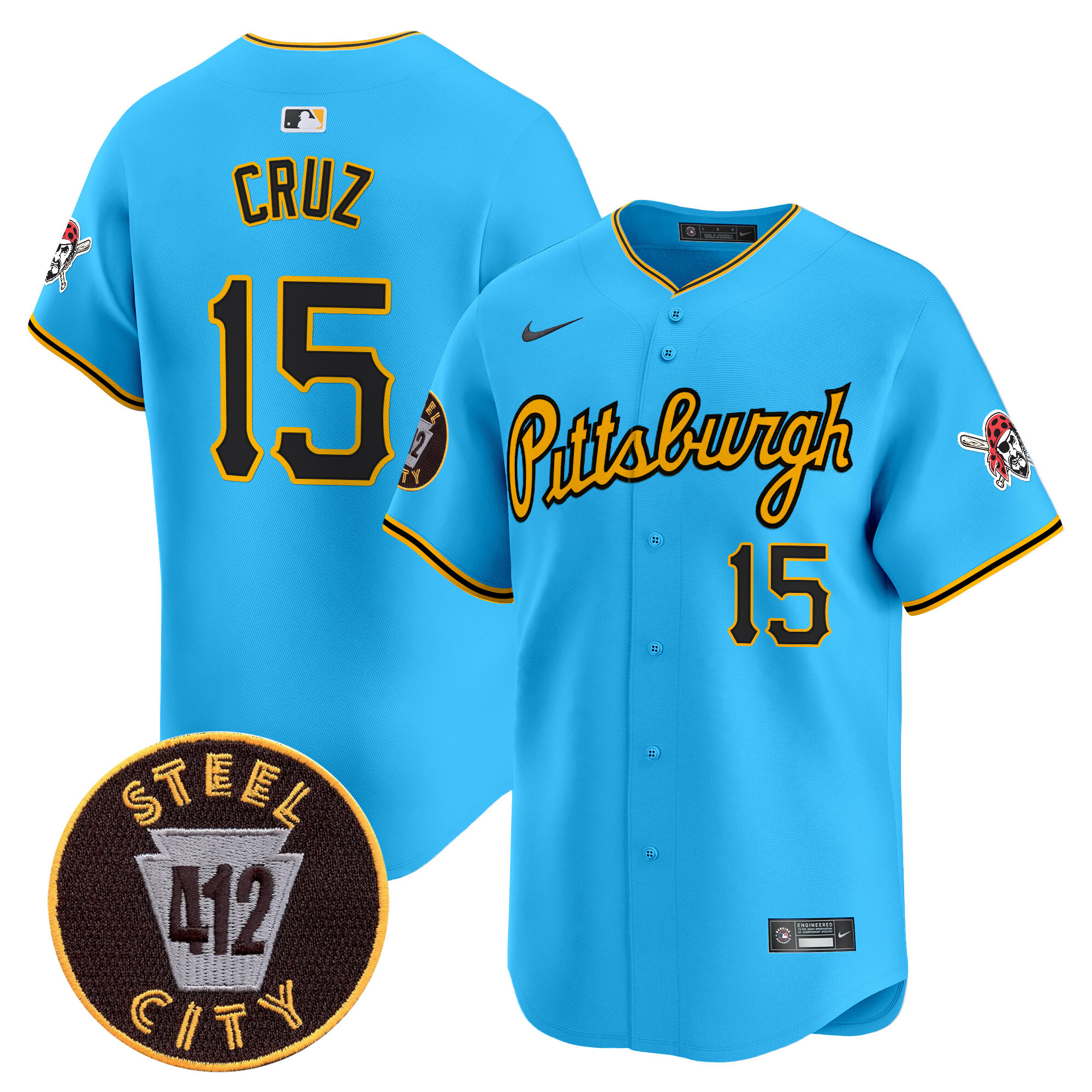 Men's Oneil Cruz Pittsburgh Pirates 412 Patch Vapor Premier Limited Light Blue Jersey V4 - All Stitched
