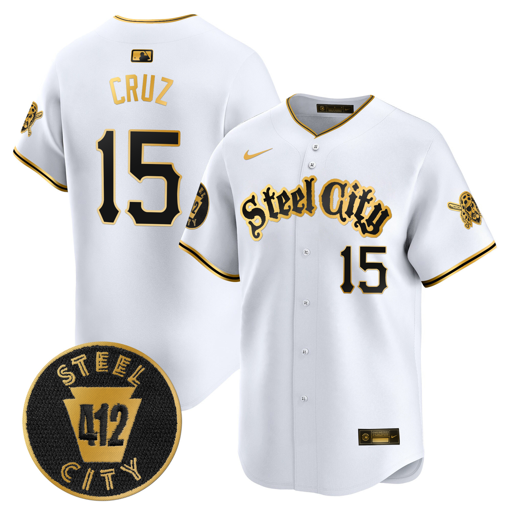 Men's Oneil Cruz Pittsburgh Pirates 412 Patch Vapor Premier Limited White Gold Jersey V5 - All Stitched