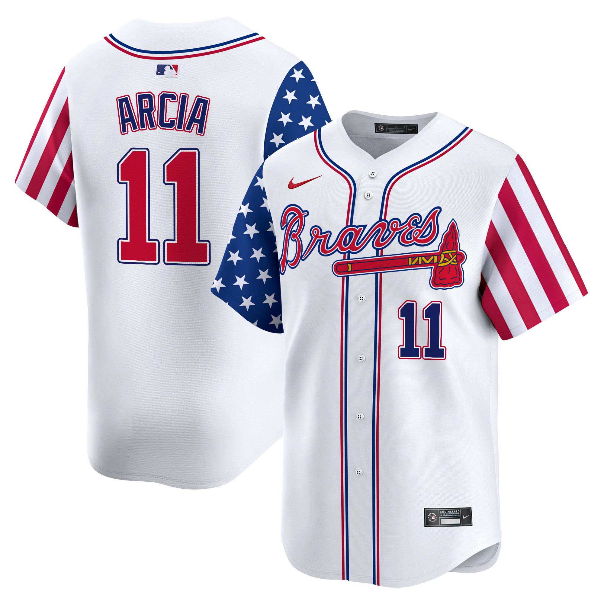 Men's Orlando Arcia Atlanta Braves 2024 Independence Day Vapor Premier Limited White Jersey - All Stitched - Image 1