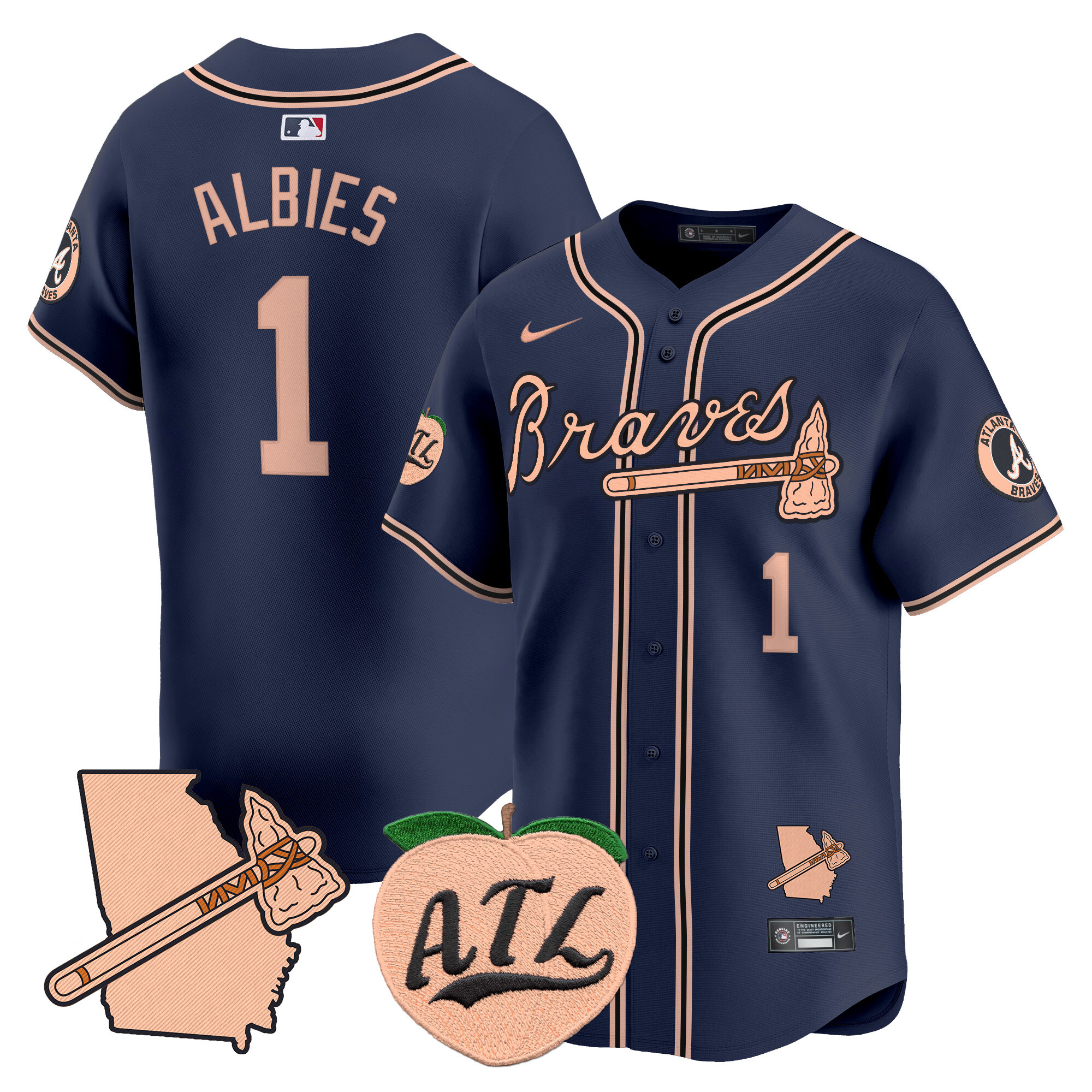 Men's Ozzie Albies Atlanta Braves Peach Vapor Premier Limited Navy Jersey - All Stitched