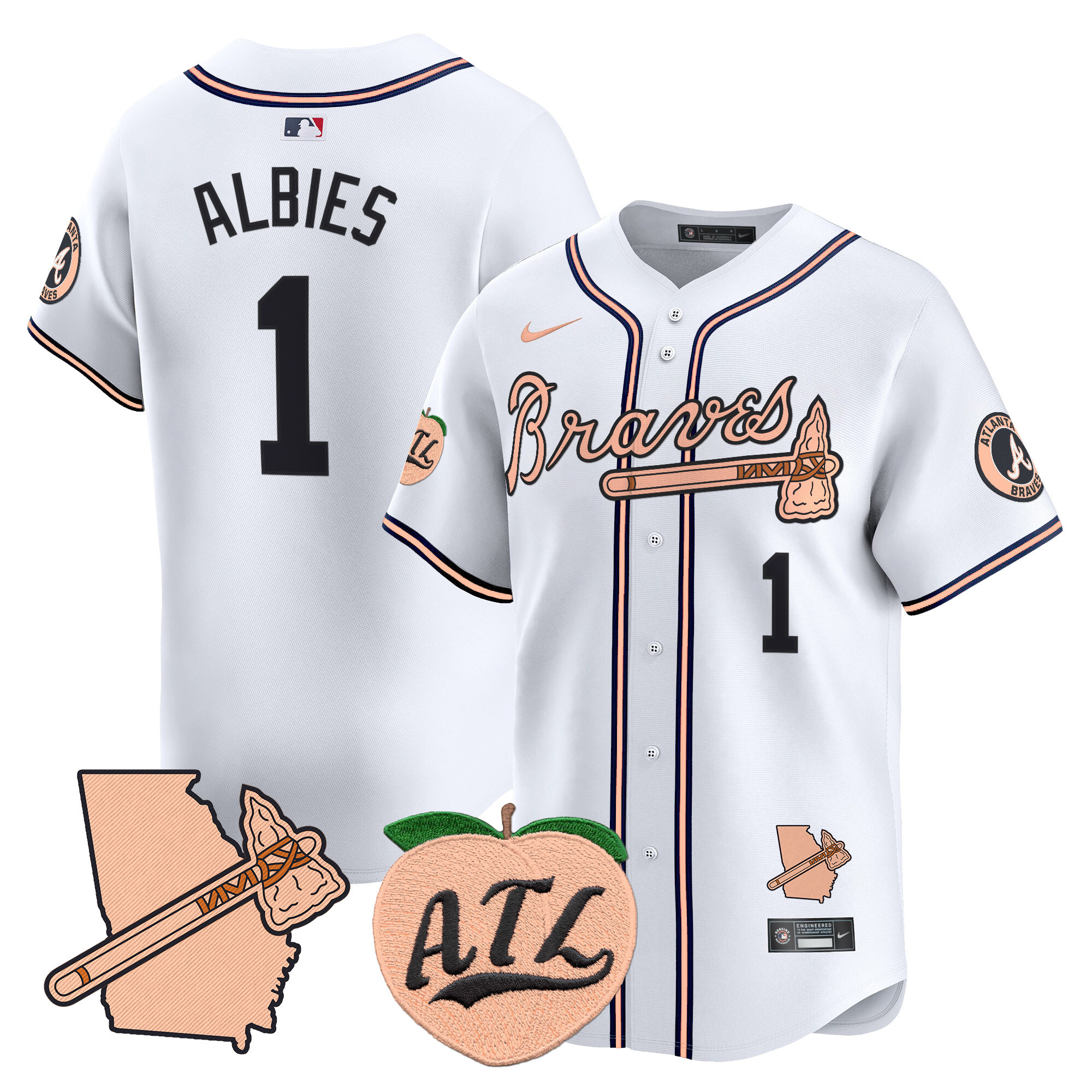 Men's Ozzie Albies Atlanta Braves Peach Vapor Premier Limited White Jersey - All Stitched