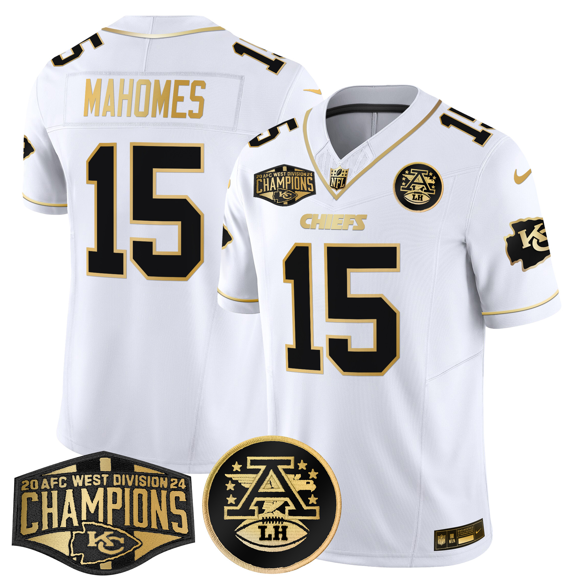 Men's Patrick Mahomes Kansas City Chiefs 2024 AFC West Division Champions Patch Gold Vapor Limited White Gold Jersey - All Stitched