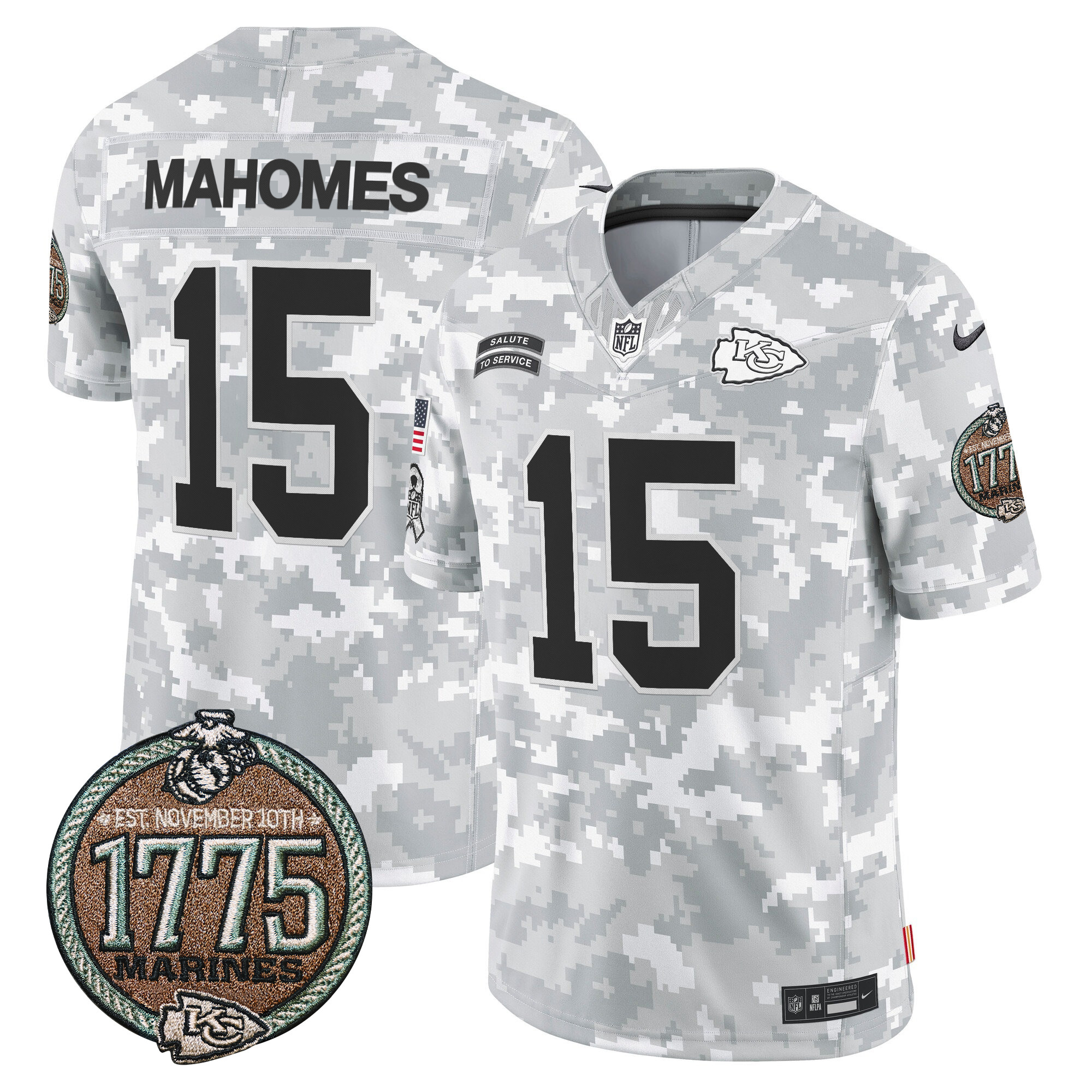 Men's Patrick Mahomes Kansas City Chiefs 2024 Salute to Service Establishment Year Patch Vapor Limited Marines Jersey - All Stitched