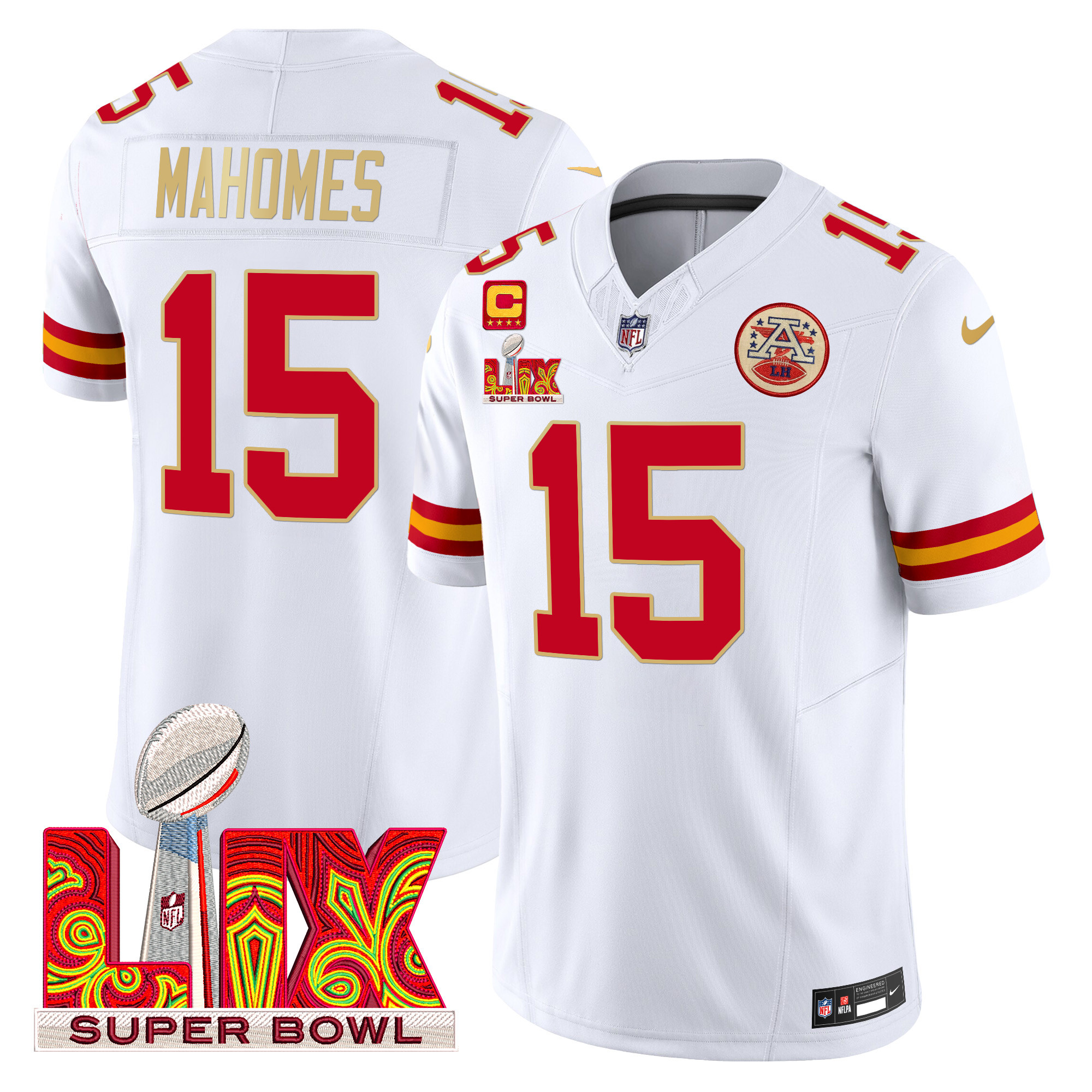 Men's Patrick Mahomes Kansas City Chiefs Super Bowl LIX Patch Gold Trim Vapor Limited White Jersey - All Stitched