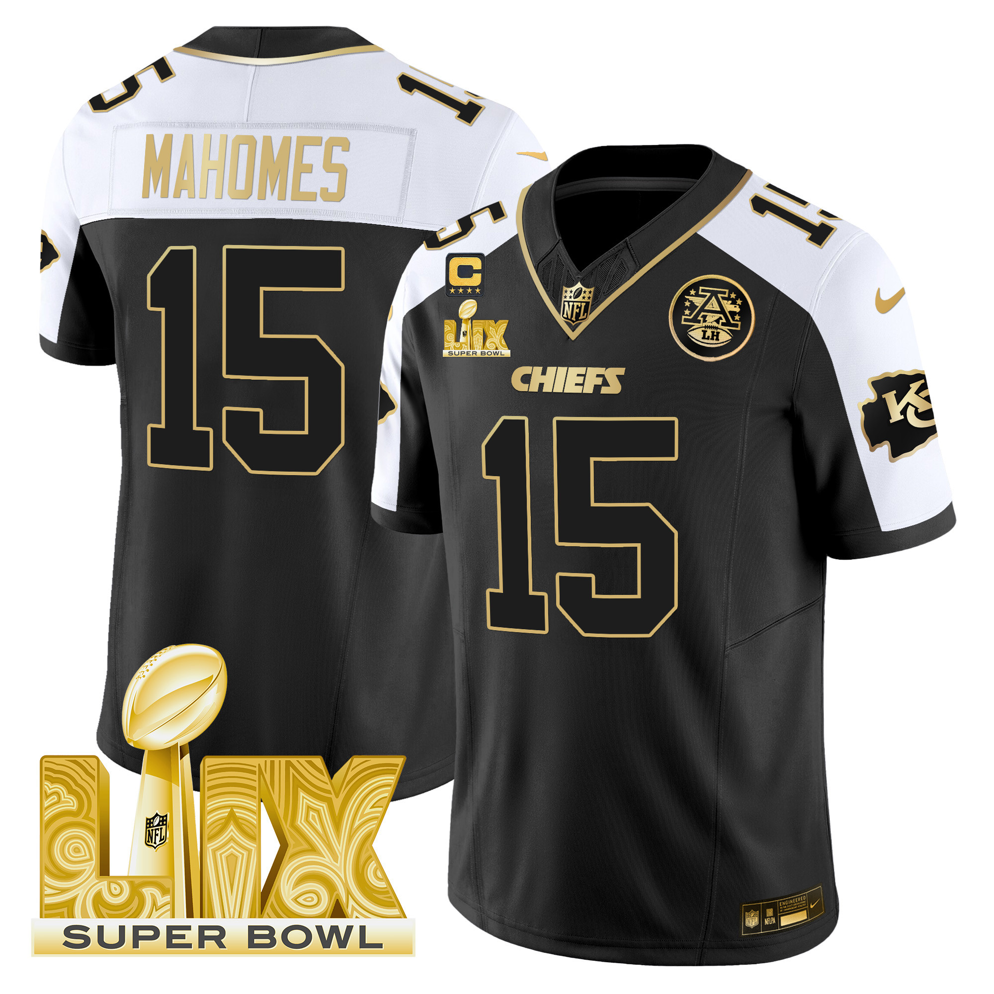 Men's Patrick Mahomes Kansas City Chiefs Super Bowl LIX Patch Gold Vapor Limited Alternate Jersey - All Stitched