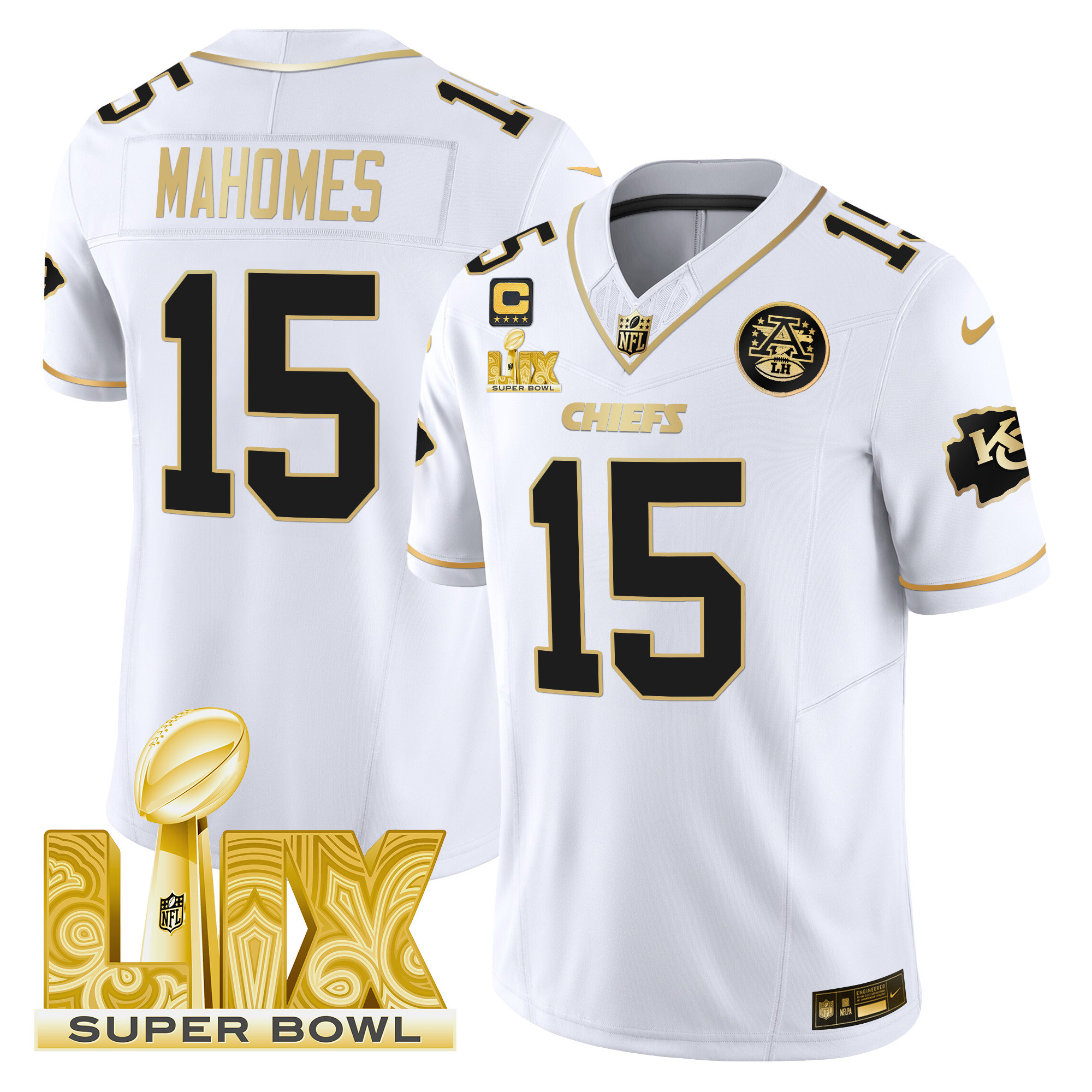 Men's Patrick Mahomes Kansas City Chiefs Super Bowl LIX Patch Gold Vapor Limited White Gold Jersey - All Stitched