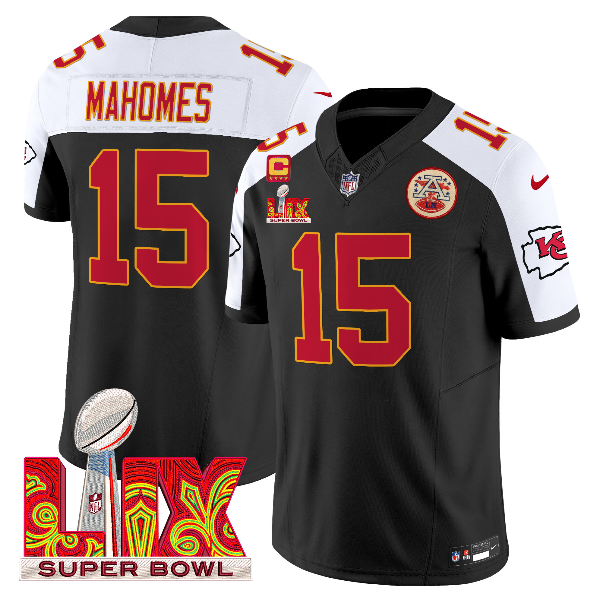 Men's Patrick Mahomes Kansas City Chiefs Super Bowl LIX Patch Vapor Limited Black Alternate Jersey - All Stitched