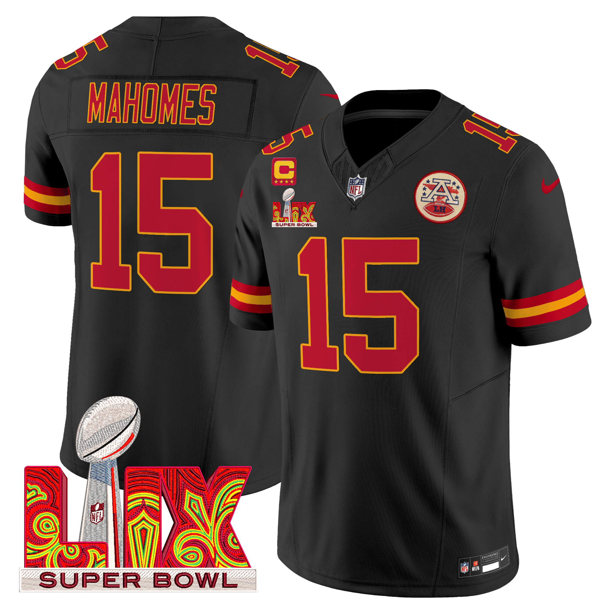 Men's Patrick Mahomes Kansas City Chiefs Super Bowl LIX Patch Vapor Limited Black Jersey - All Stitched