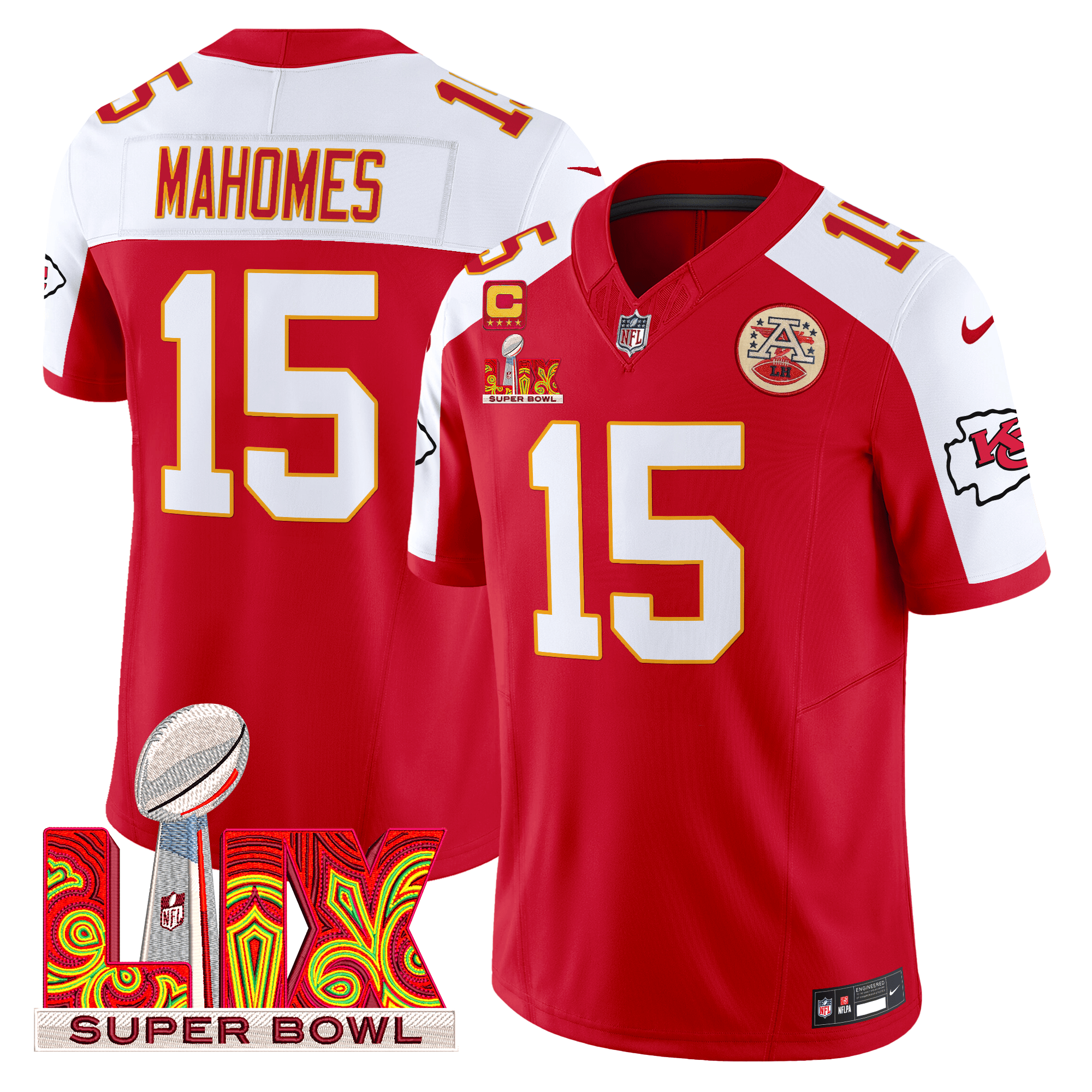 Men's Patrick Mahomes Kansas City Chiefs Super Bowl LIX Patch Vapor Limited Red Alternate Jersey - All Stitched