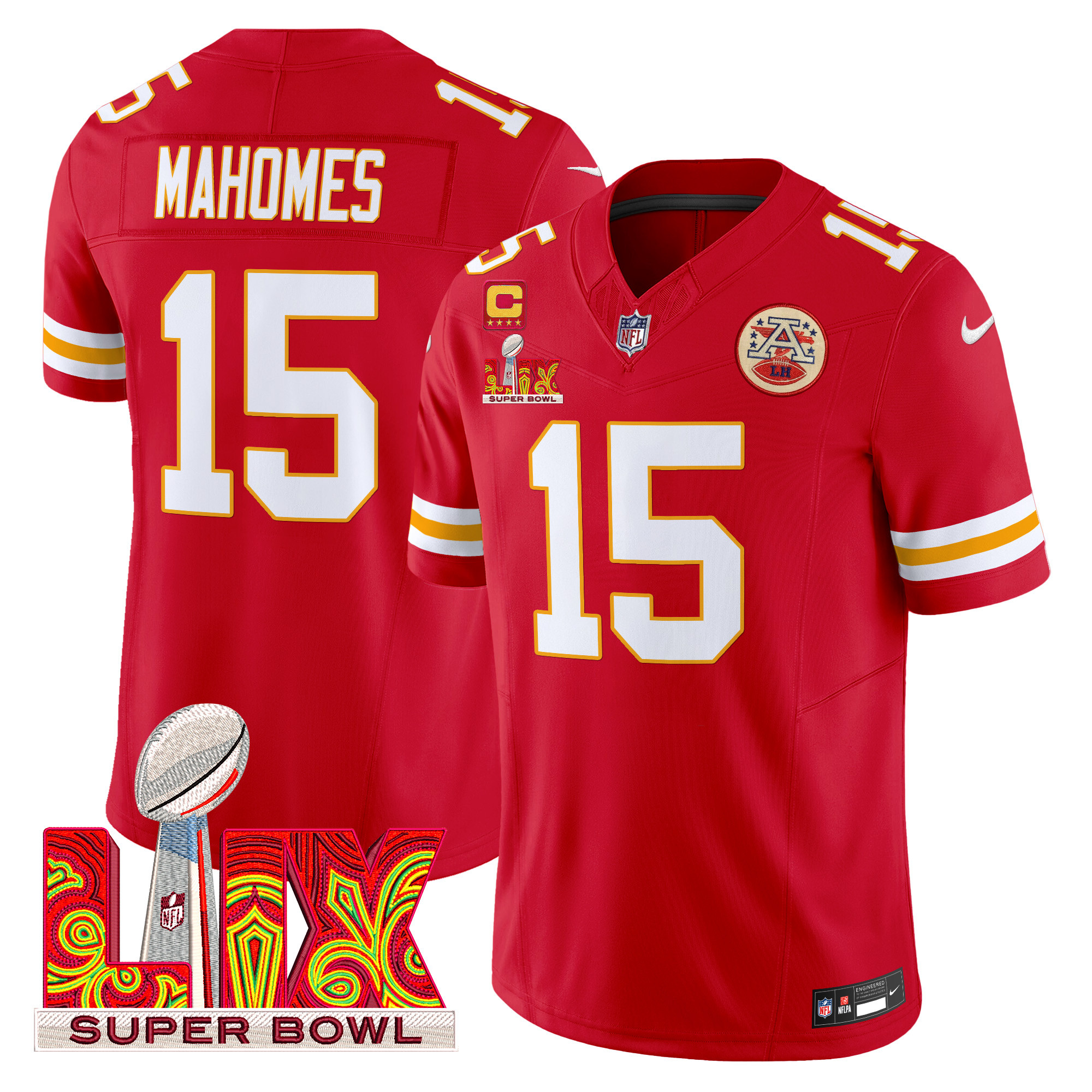 Men's Patrick Mahomes Kansas City Chiefs Super Bowl LIX Patch Vapor Limited Red Jersey - All Stitched