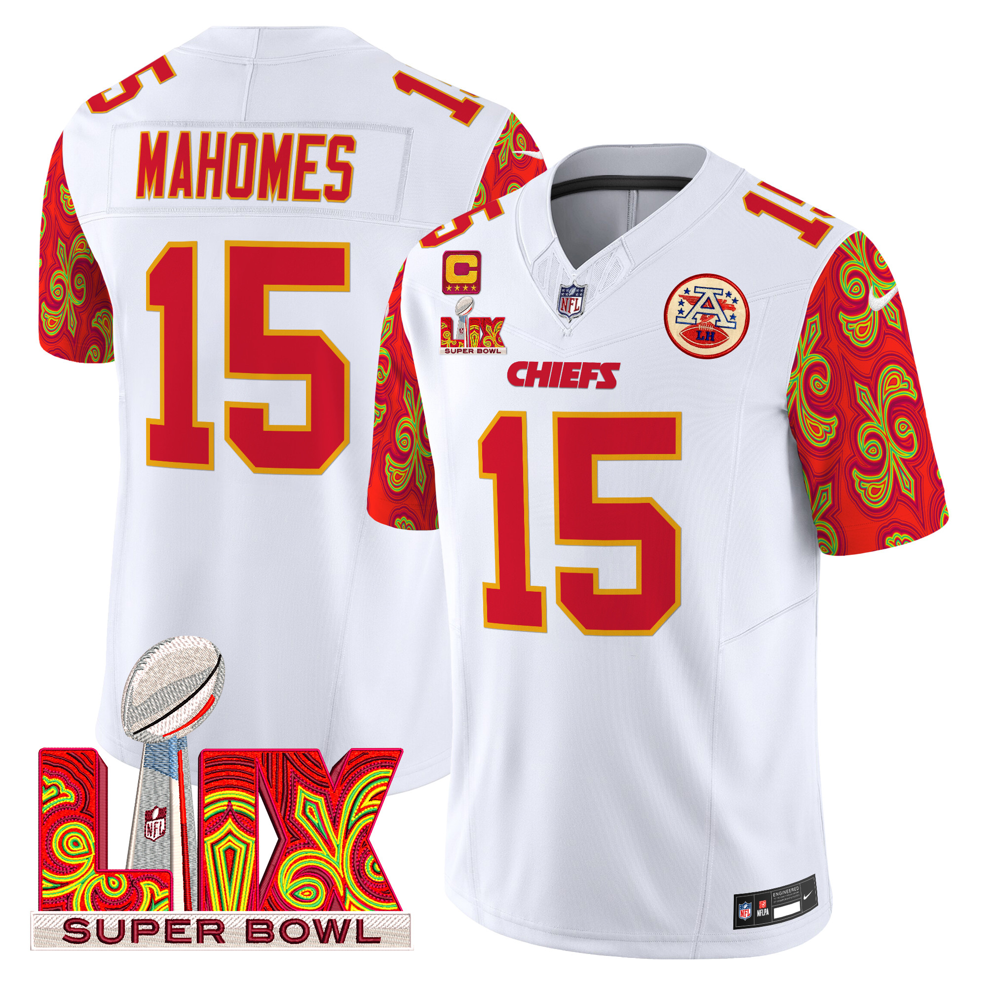 Men's Patrick Mahomes Kansas City Chiefs Super Bowl LIX Style Vapor Limited White Jersey - All Stitched