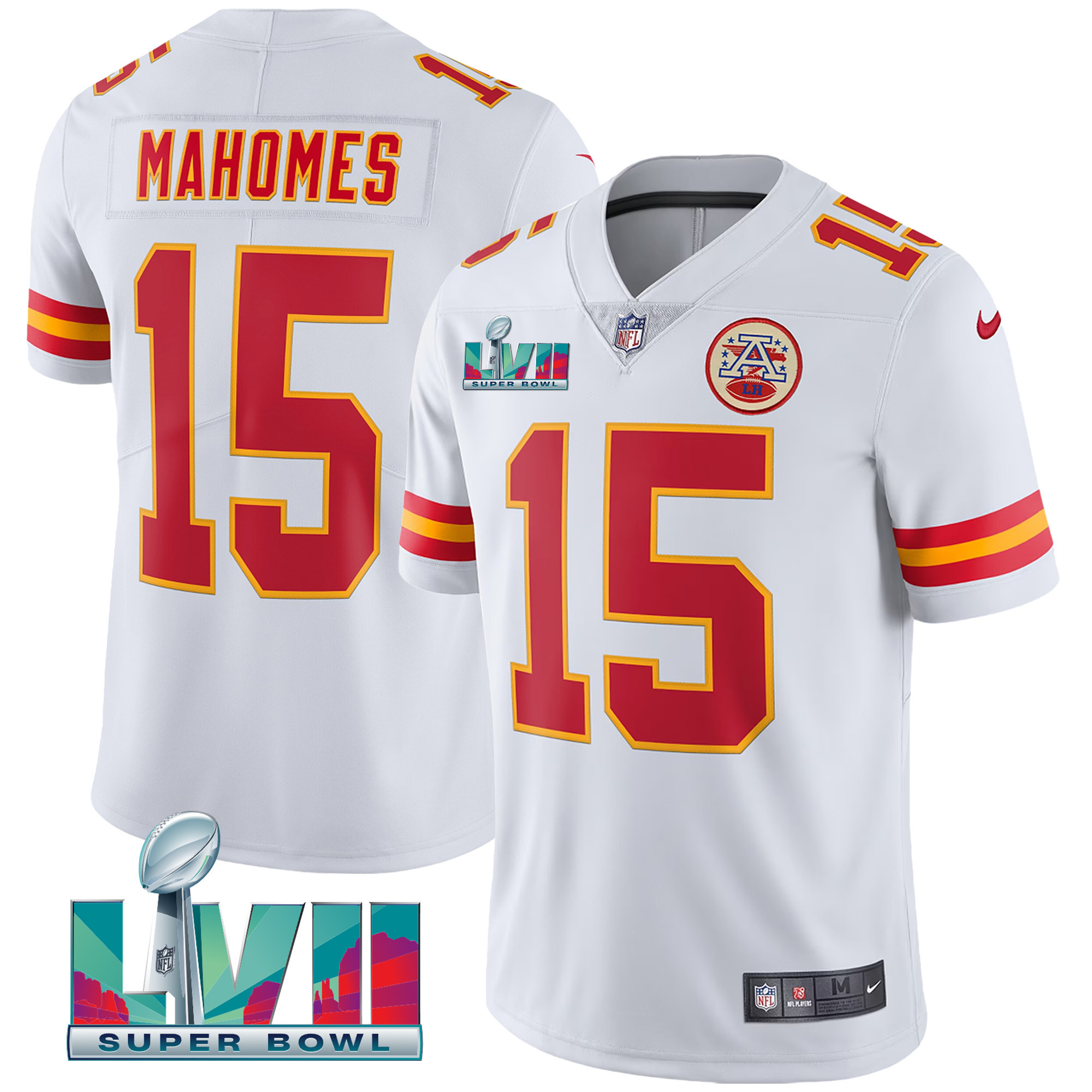 Men's Patrick Mahomes Kansas City Chiefs Super Bowl LVII Red Gold Vapor White Jersey V2 - All Stitched