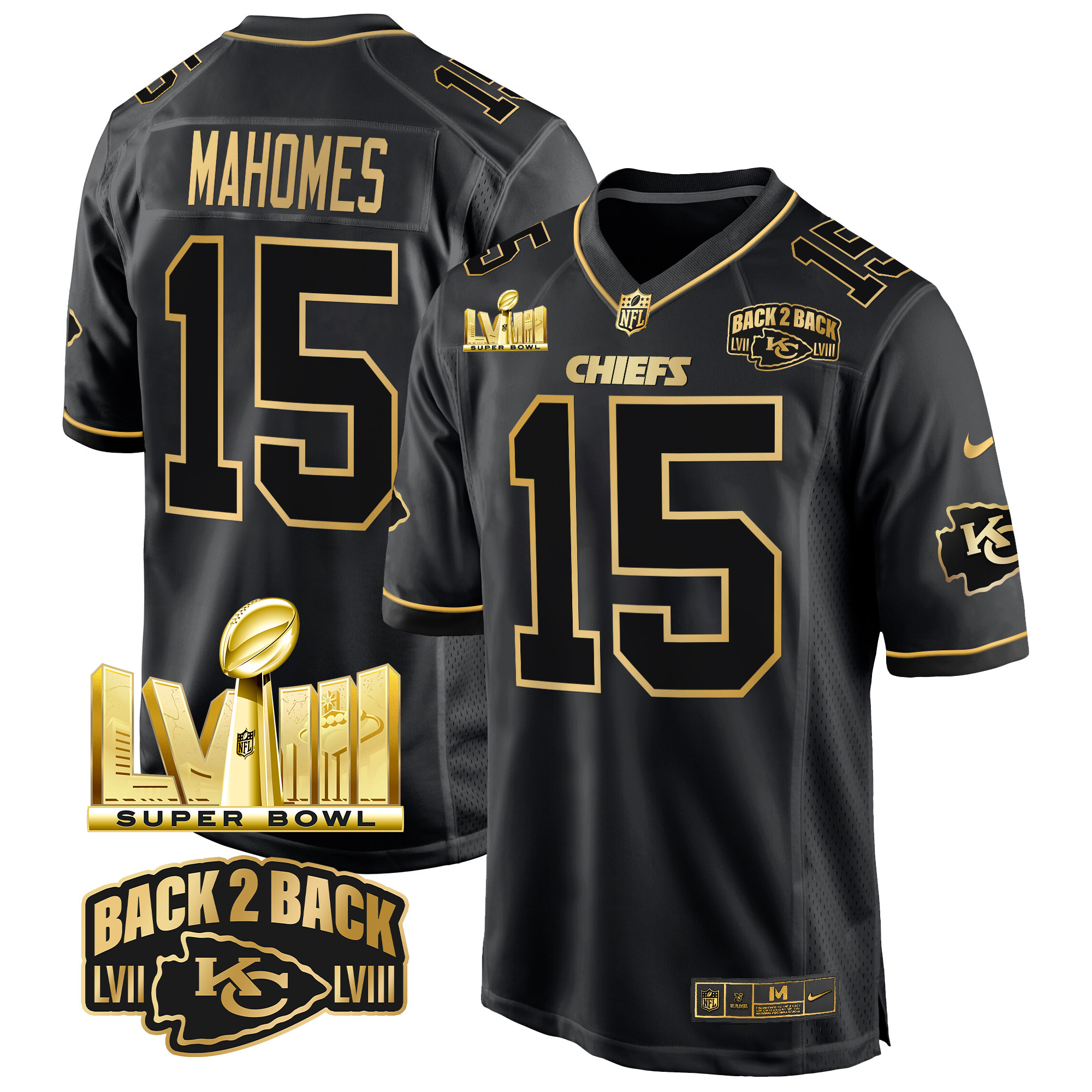 Men's Patrick Mahomes Kansas City Chiefs Super Bowl LVIII & Back 2 Back Gold Game Black Gold Jersey - All Stitched