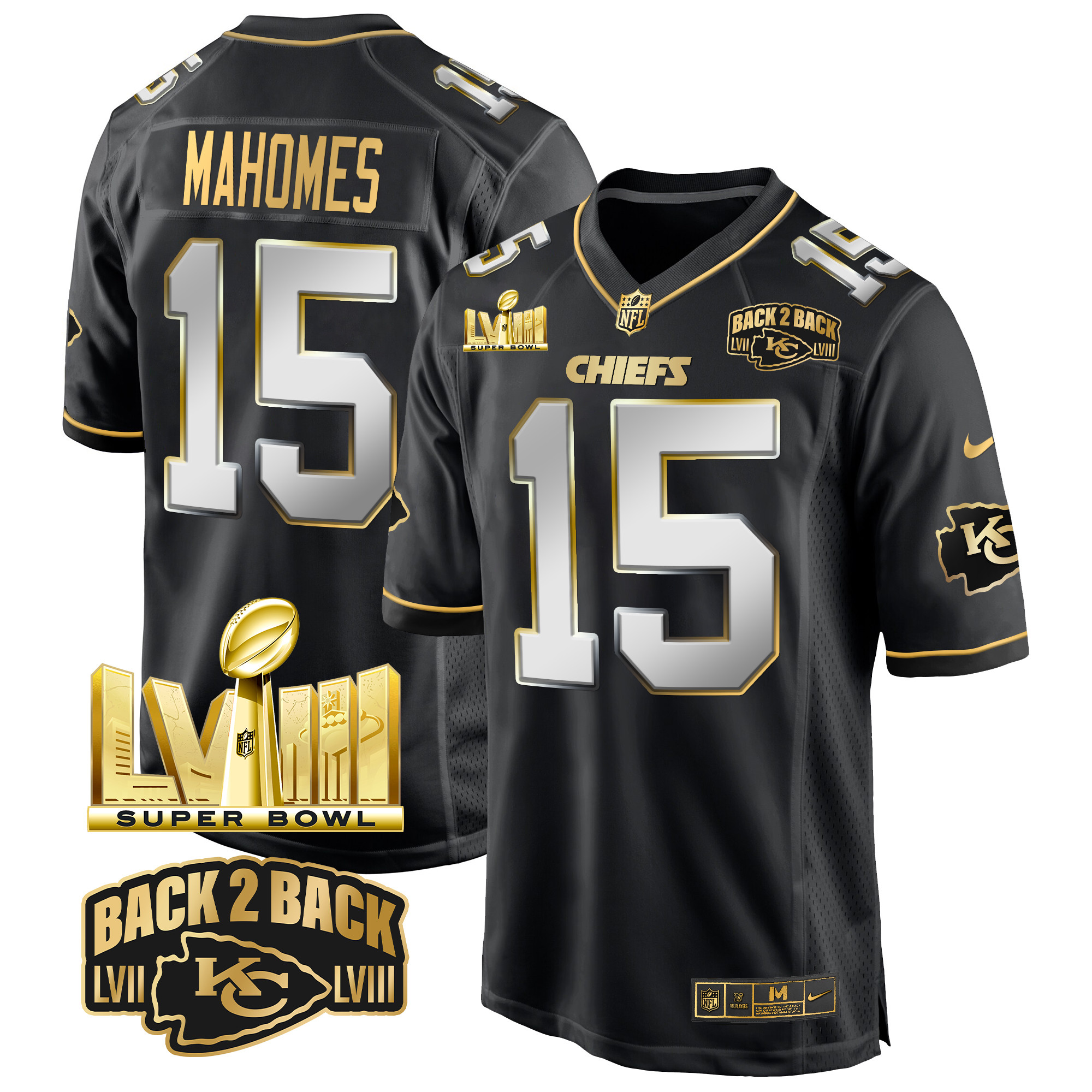 Men's Patrick Mahomes Kansas City Chiefs Super Bowl LVIII & Back 2 Back Gold Game Black Limited Jersey - All Stitched