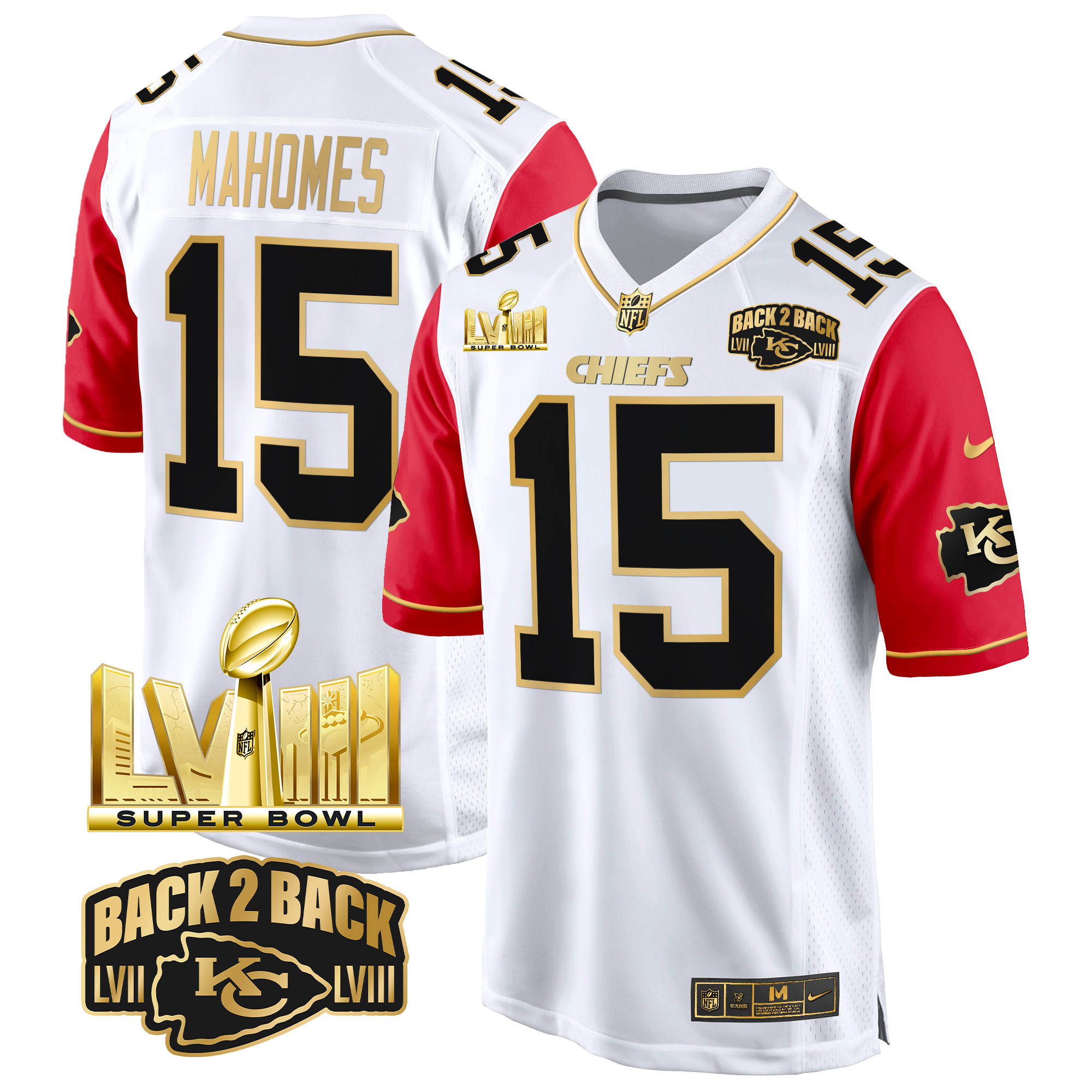 Men's Patrick Mahomes Kansas City Chiefs Super Bowl LVIII & Back 2 Back Gold Game Color Sleeves Jersey - All Stitched