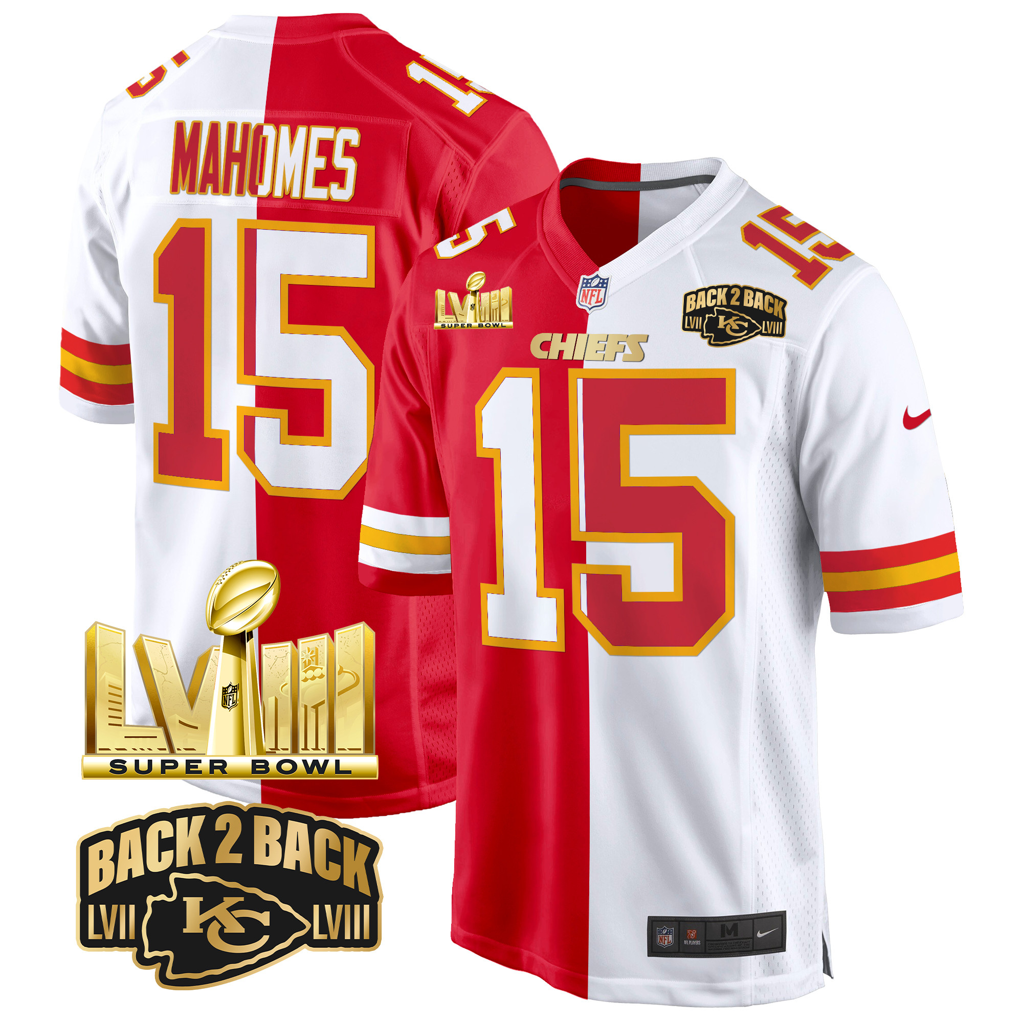 Men's Patrick Mahomes Kansas City Chiefs Super Bowl LVIII & Back 2 Back Gold Game Split Jersey - All Stitched