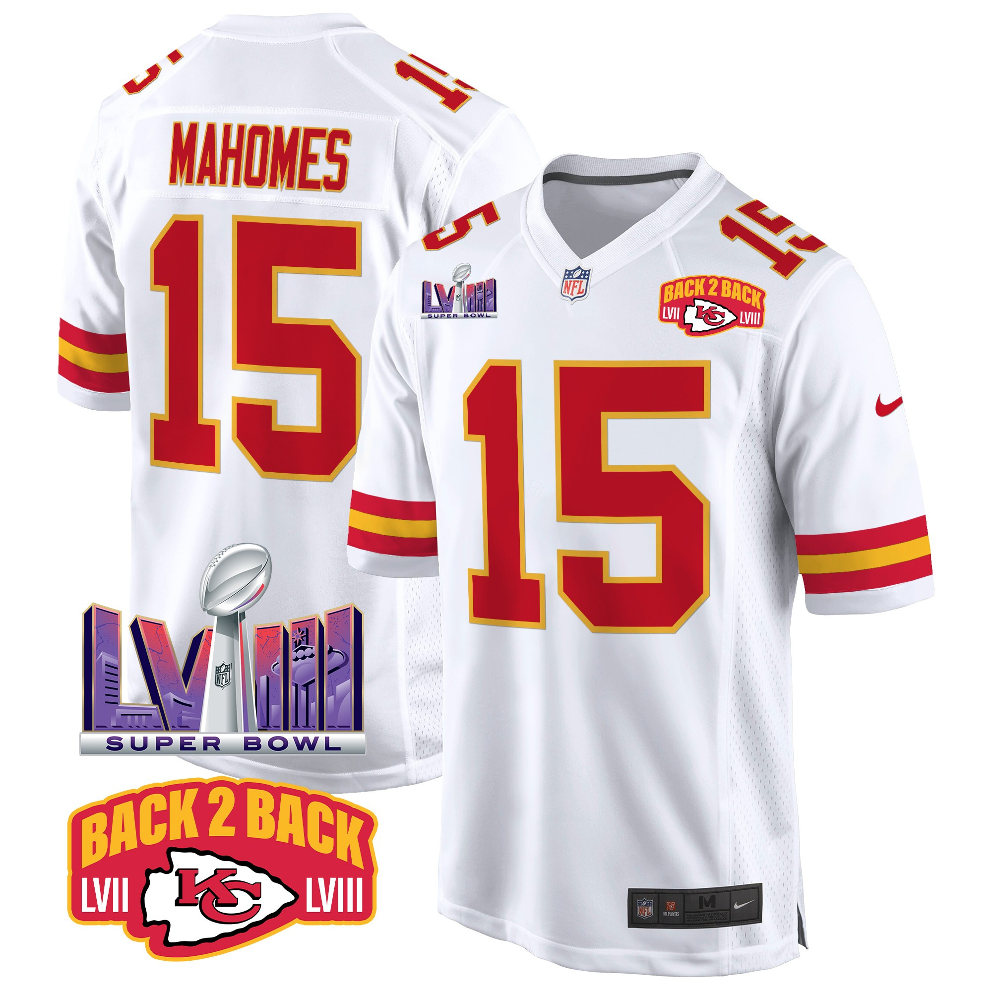 Men's Patrick Mahomes Kansas City Chiefs Super Bowl LVIII & Back 2 Back Patch Game White Jersey - All Stitched