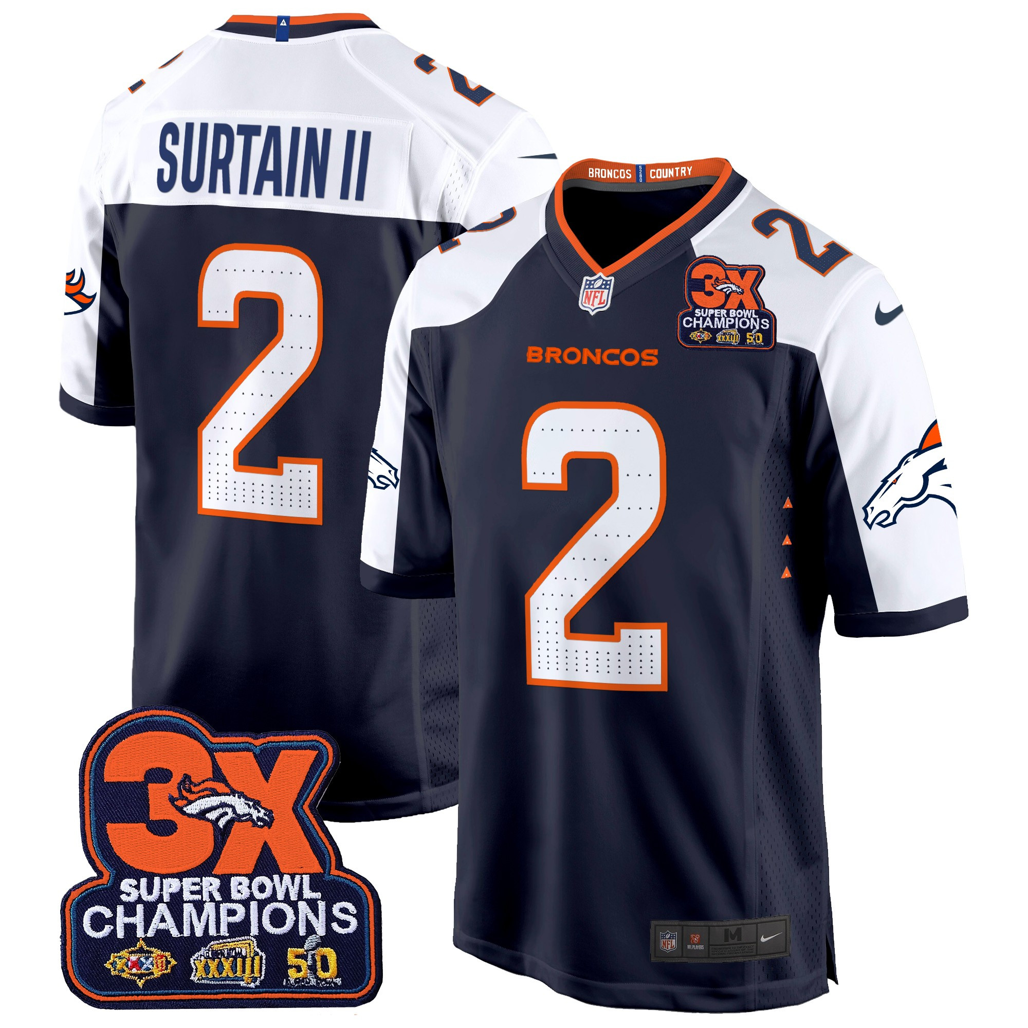 Men's Patrick Surtain II Denver Broncos 3-Time Champions Patch Game Navy Alternate Jersey - All Stitched