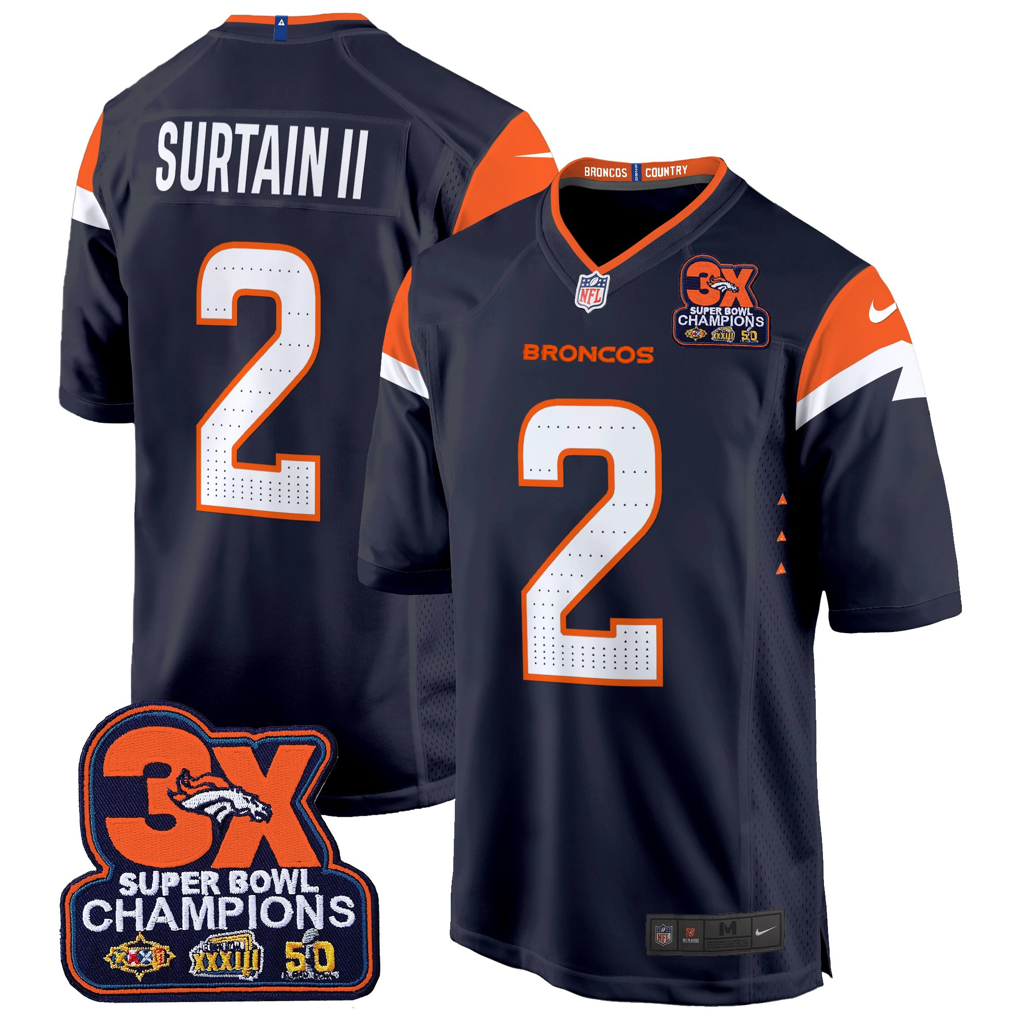 Men's Patrick Surtain II Denver Broncos 3-Time Champions Patch Game Navy Jersey - All Stitched