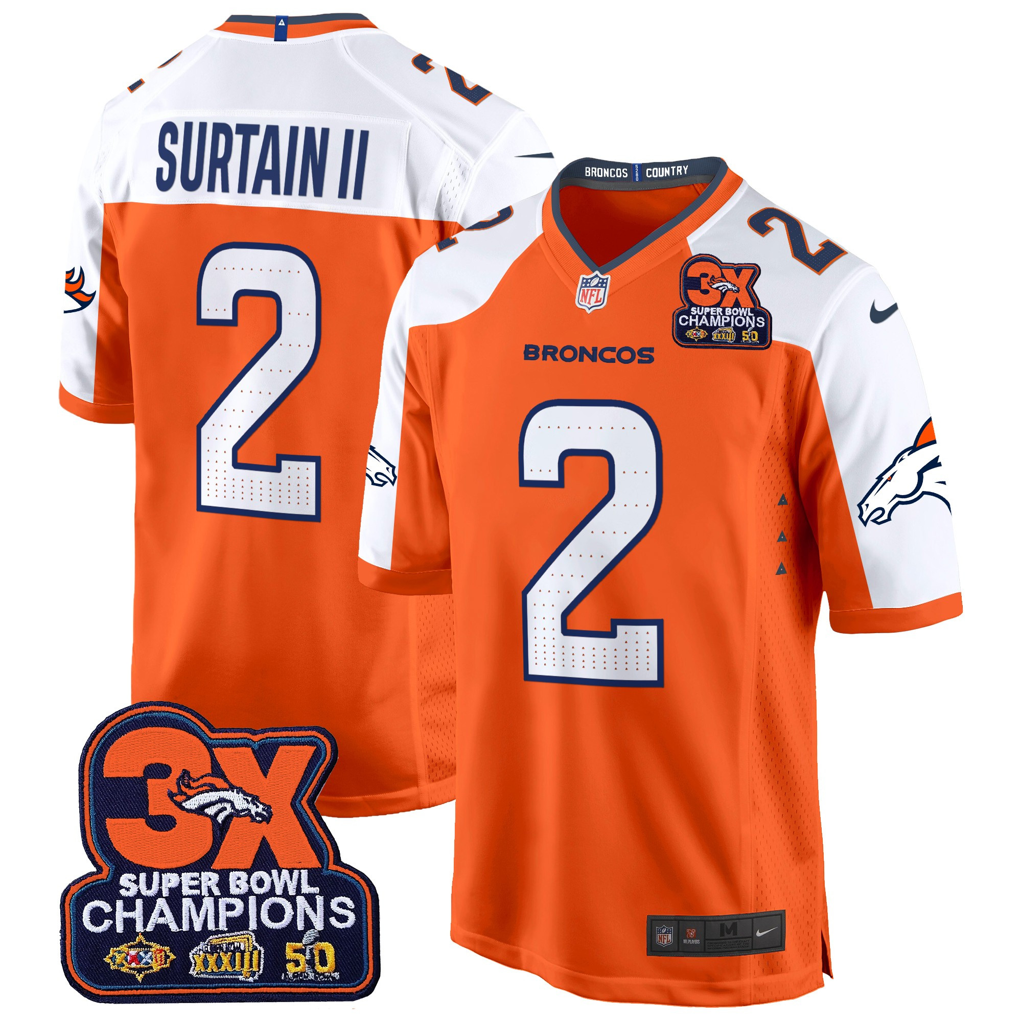 Men's Patrick Surtain II Denver Broncos 3-Time Champions Patch Game Orange Alternate Jersey - All Stitched
