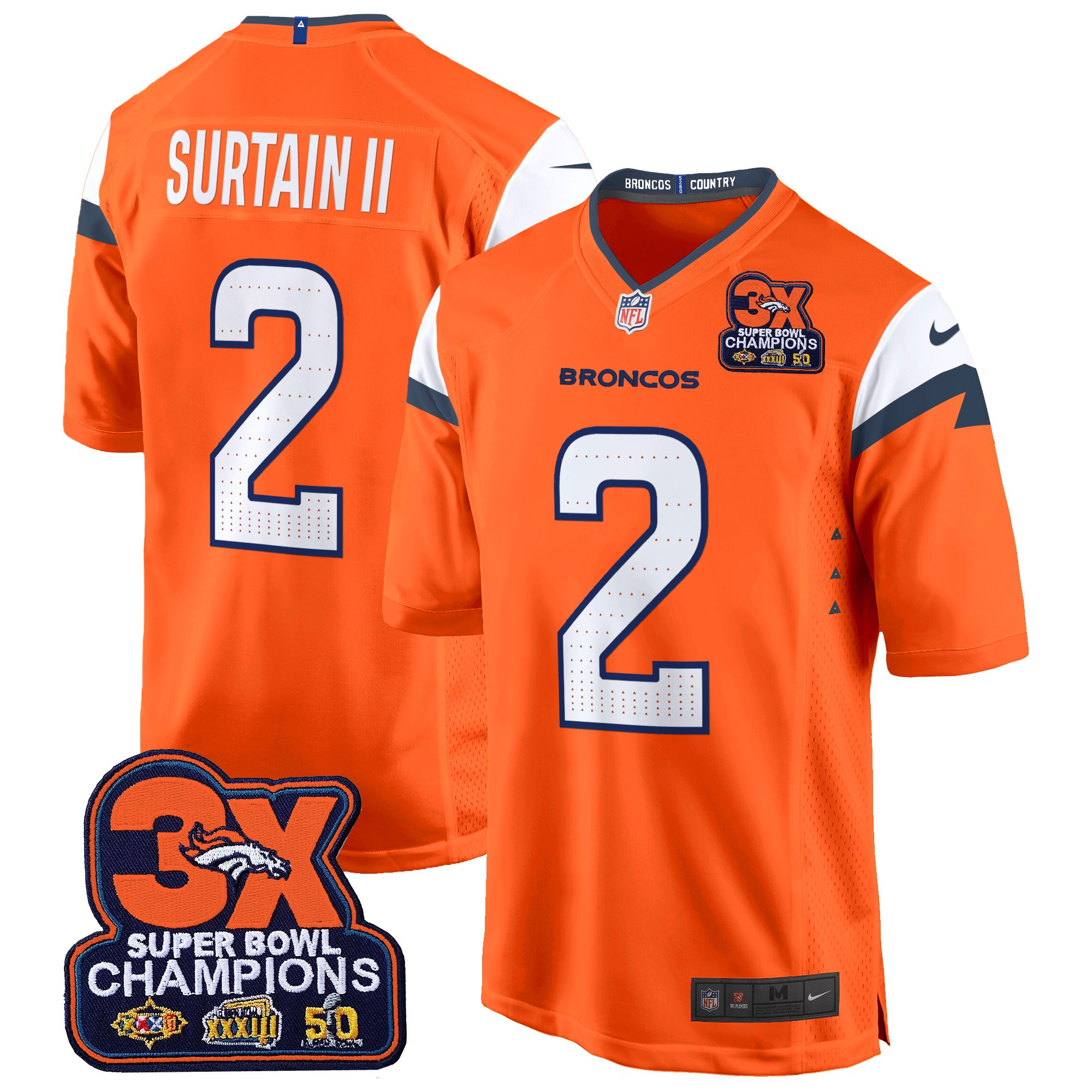 Men's Patrick Surtain II Denver Broncos 3-Time Champions Patch Game Orange Jersey - All Stitched