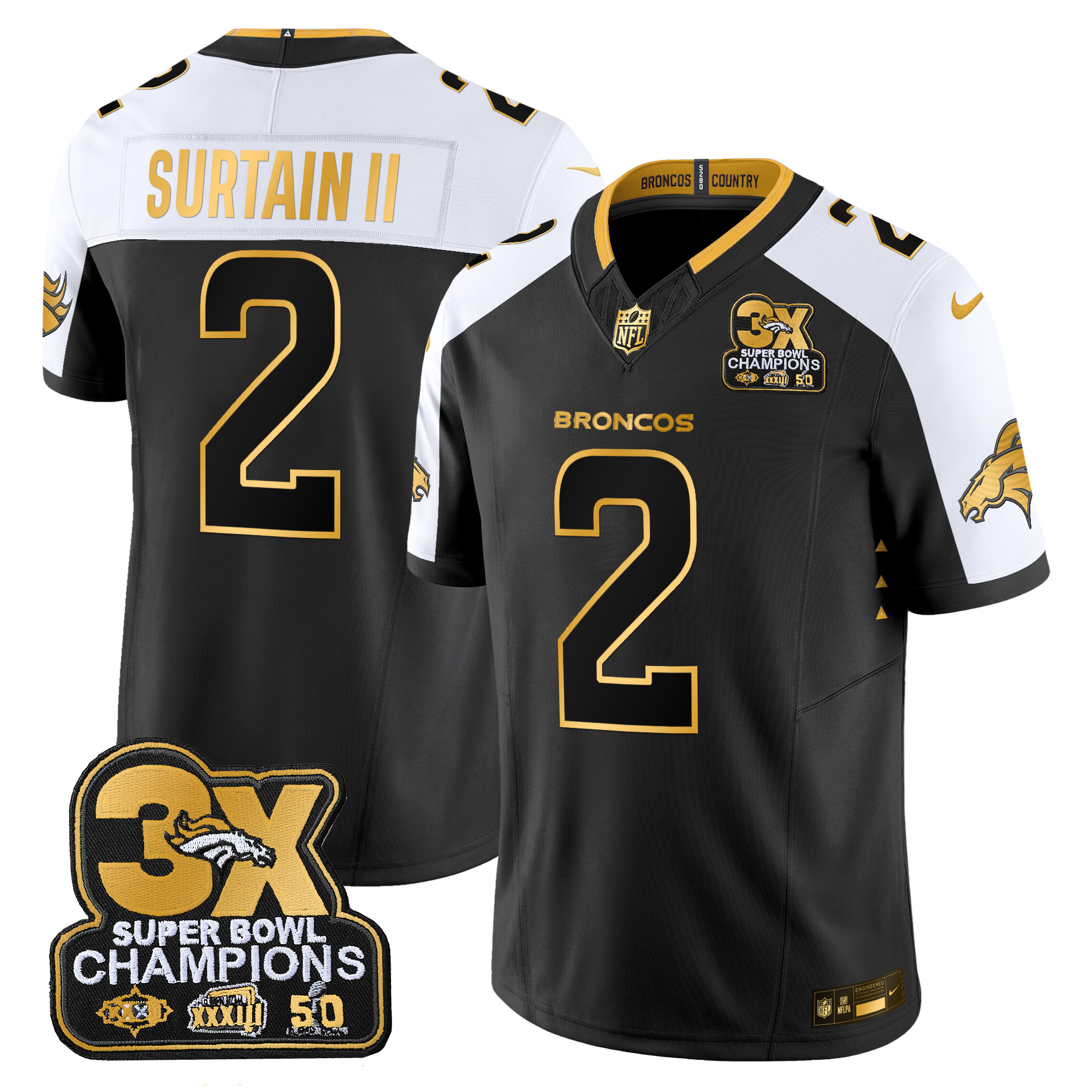 Men's Patrick Surtain II Denver Broncos 3-Time Champions Patch Gold Vapor Limited Alternate Jersey - All Stitched