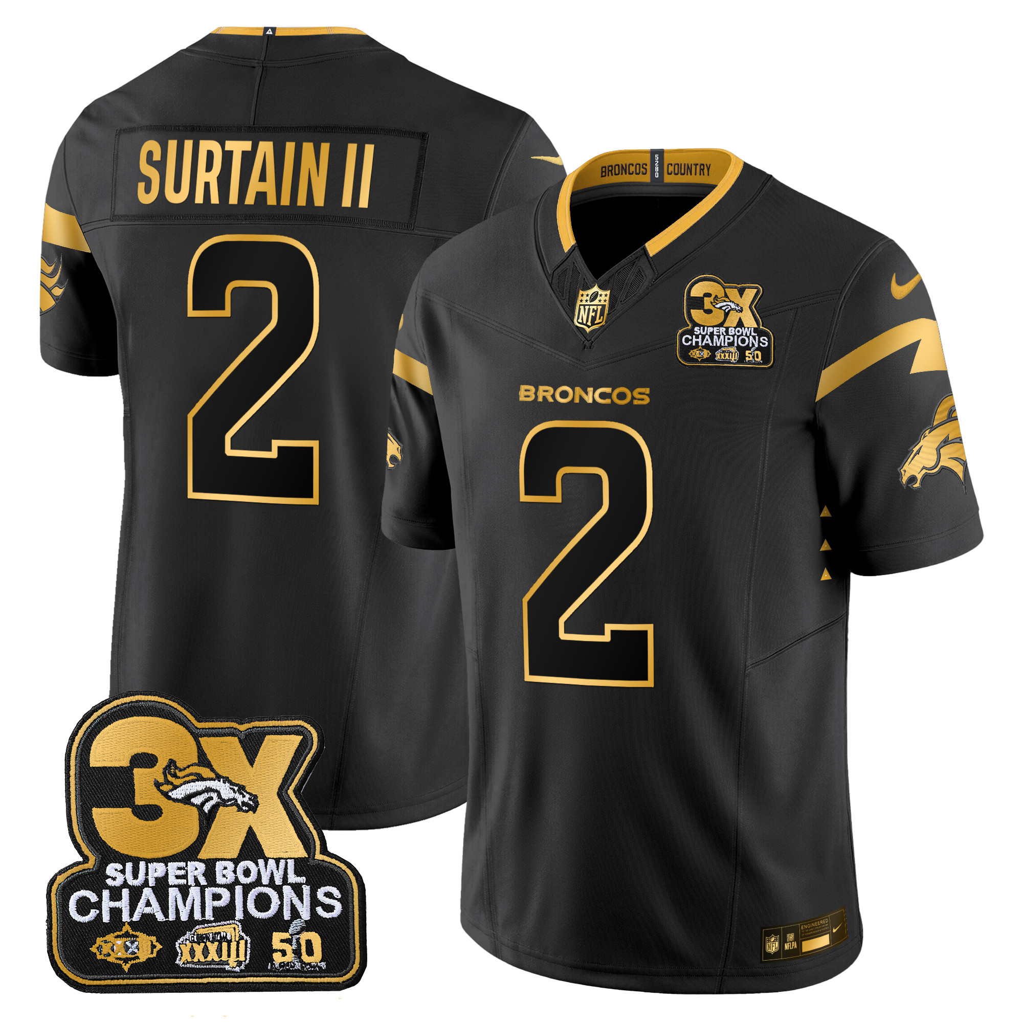 Men's Patrick Surtain II Denver Broncos 3-Time Champions Patch Gold Vapor Limited Black Gold Jersey - All Stitched