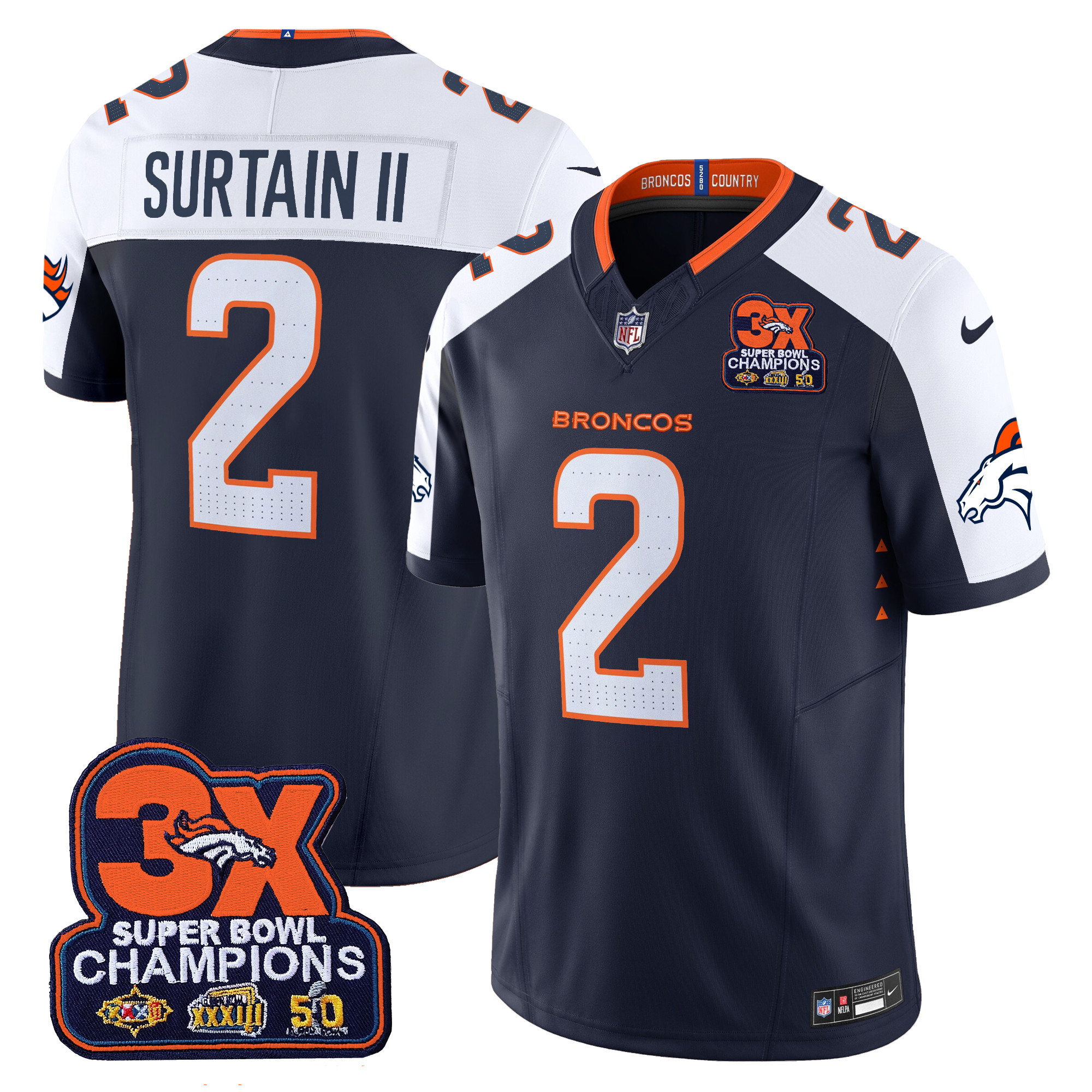 Men's Patrick Surtain II Denver Broncos 3-Time Champions Patch Vapor Limited Navy Alternate Jersey - All Stitched