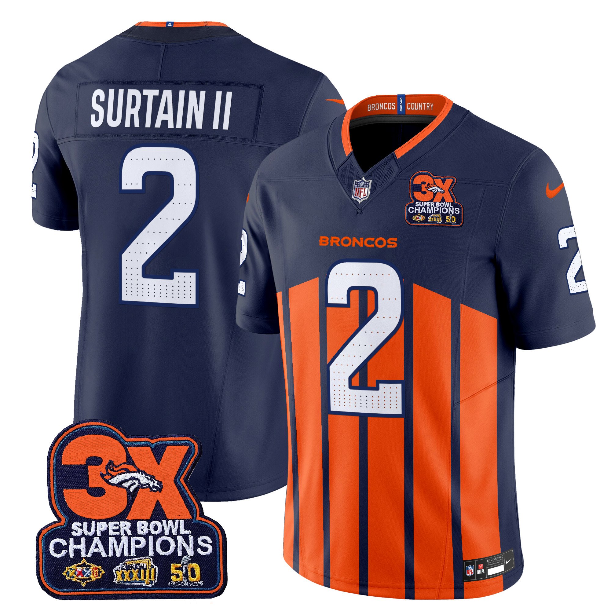 Men's Patrick Surtain II Denver Broncos 3-Time Champions Patch Vapor Limited Navy Special Jersey - All Stitched