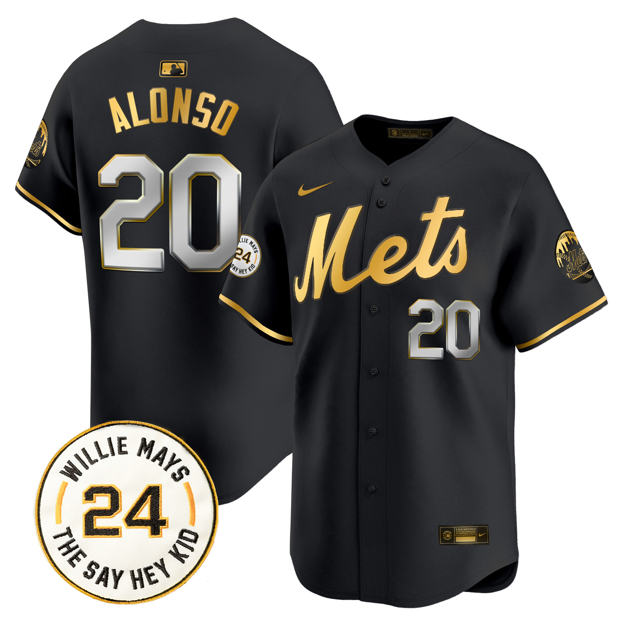 Men's Pete Alonso New York Mets Willie Mays Patch Vapor Premier Limited Black Gold Jersey - All Stitched