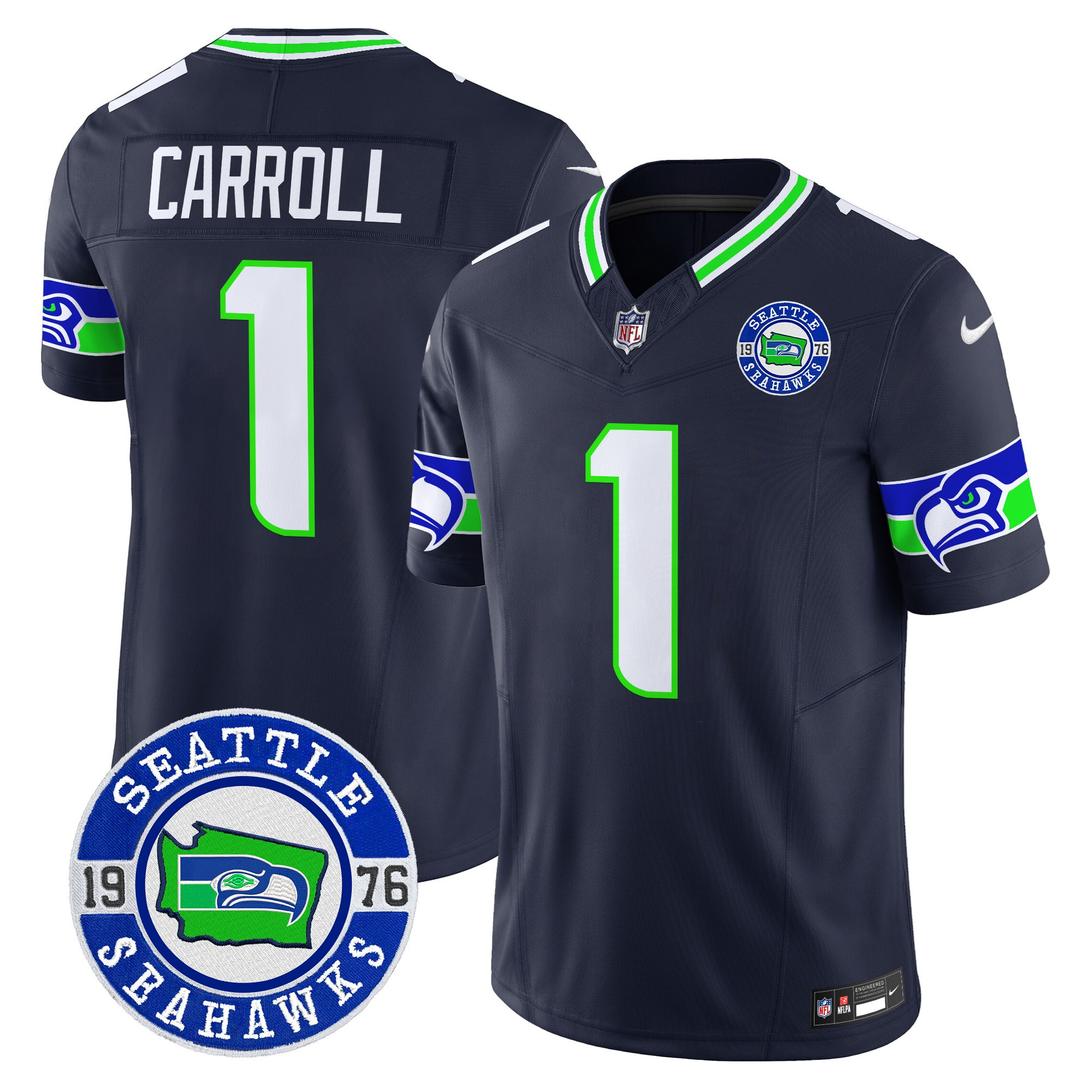 Men's Pete Carroll Seattle Seahawks 2024 Seattle Est. 1976 Patch Vapor Limited Navy Jersey - All Stitched