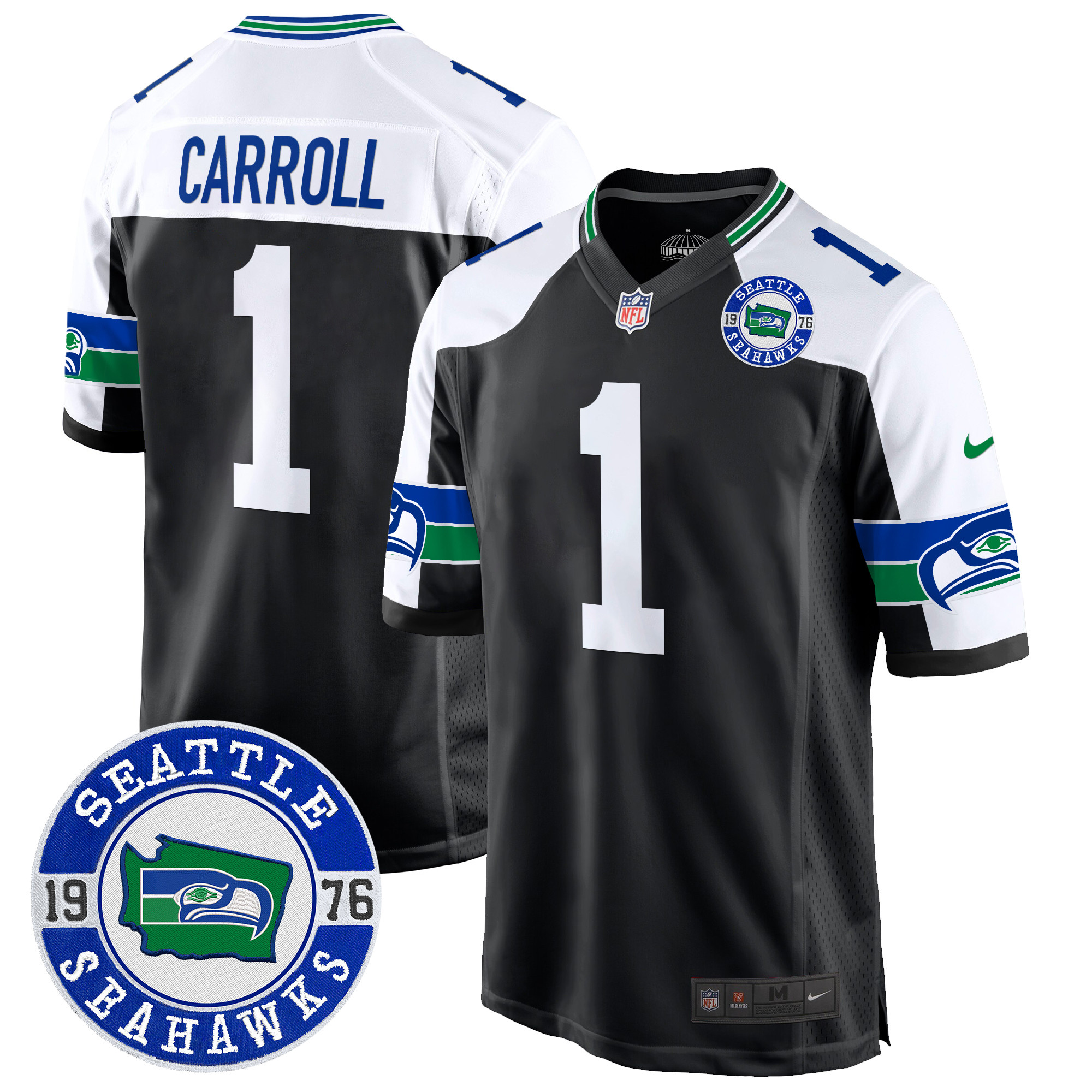 Men's Pete Carroll Seattle Seahawks Throwback Est. 1976 Patch Game Black Alternate Jersey - All Stitched