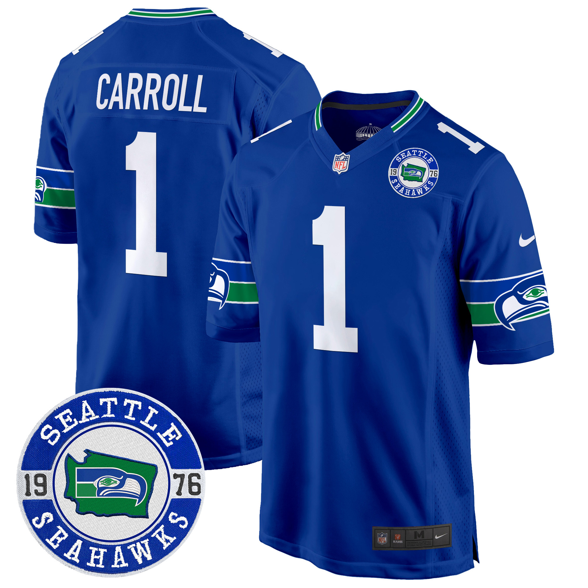 Men's Pete Carroll Seattle Seahawks Throwback Est. 1976 Patch Game Royal Jersey - All Stitched
