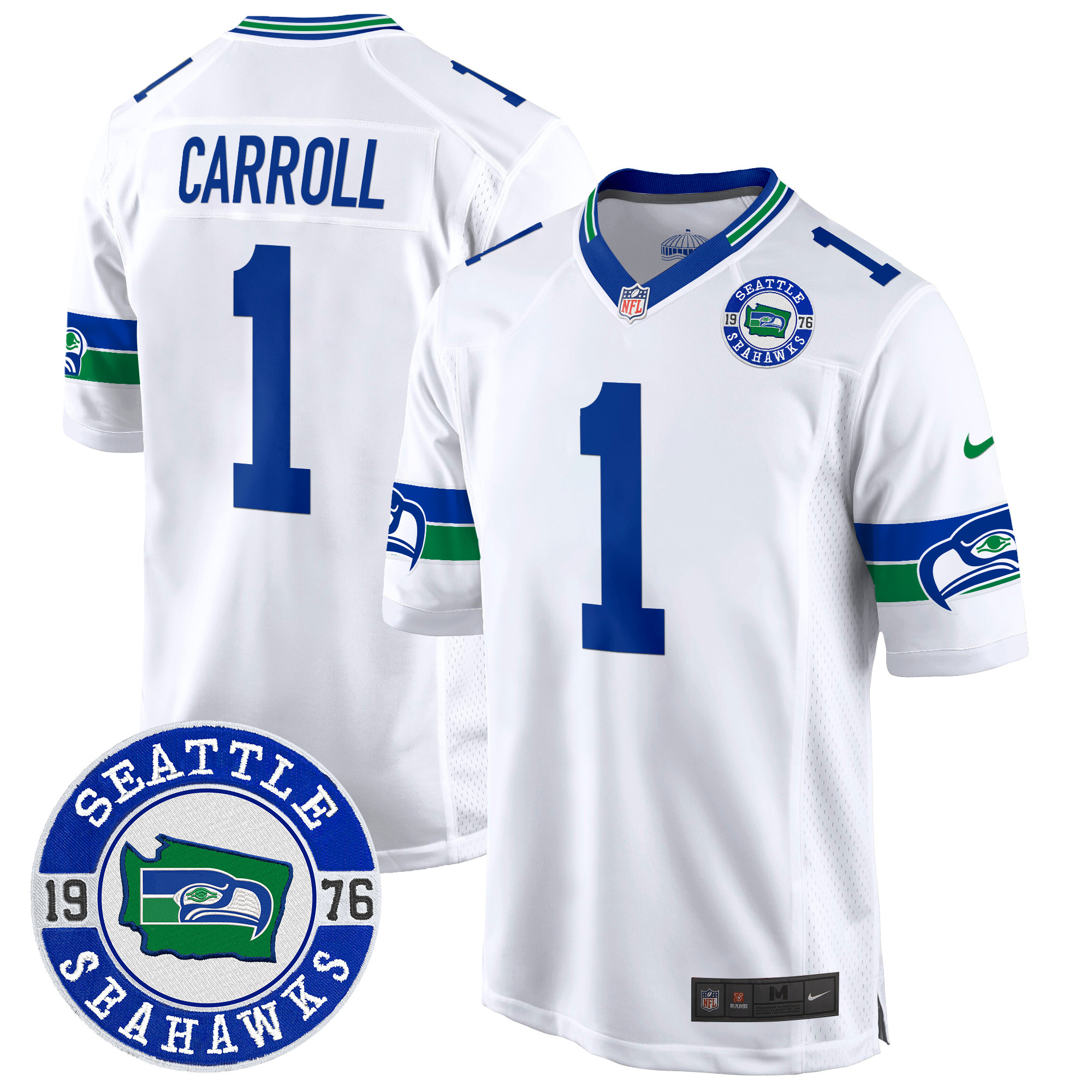 Men's Pete Carroll Seattle Seahawks Throwback Est. 1976 Patch Game White Jersey - All Stitched