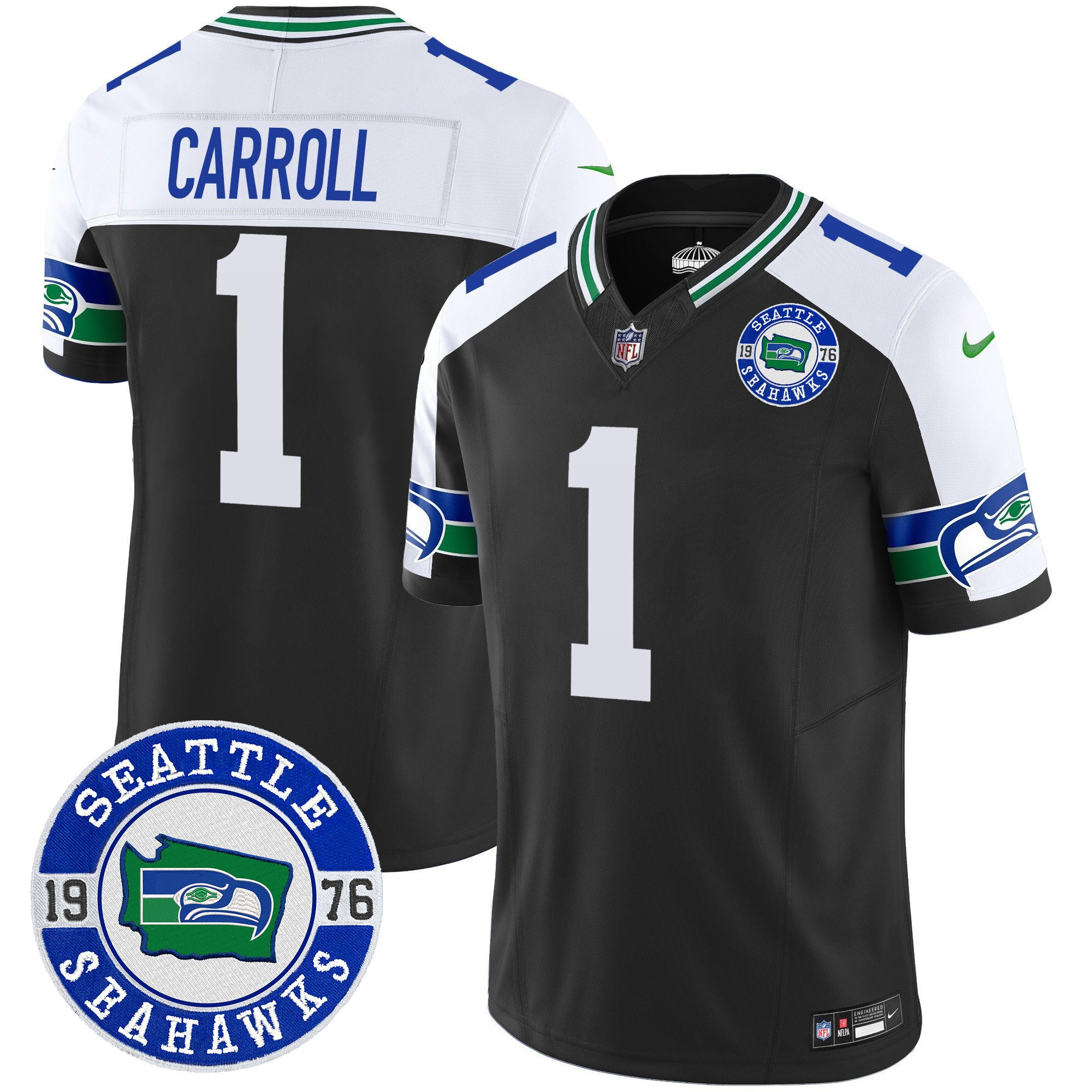 Men's Pete Carroll Seattle Seahawks Throwback Est. 1976 Patch Vapor Limited Black Alternate Jersey - All Stitched