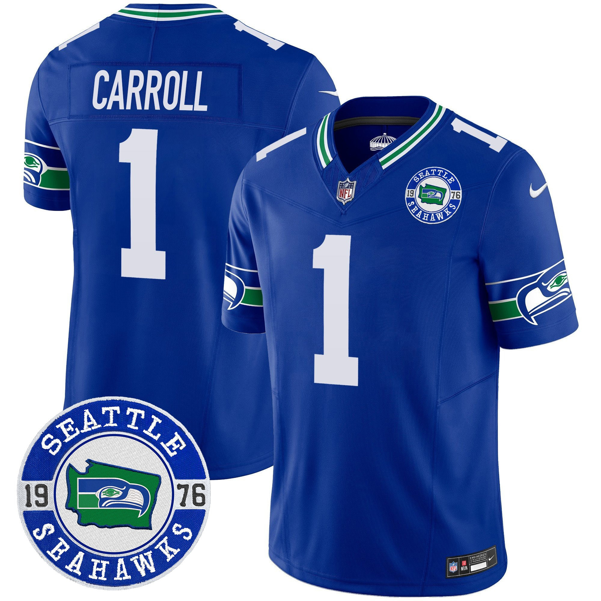 Men's Pete Carroll Seattle Seahawks Throwback Est. 1976 Patch Vapor Limited Royal Jersey - All Stitched