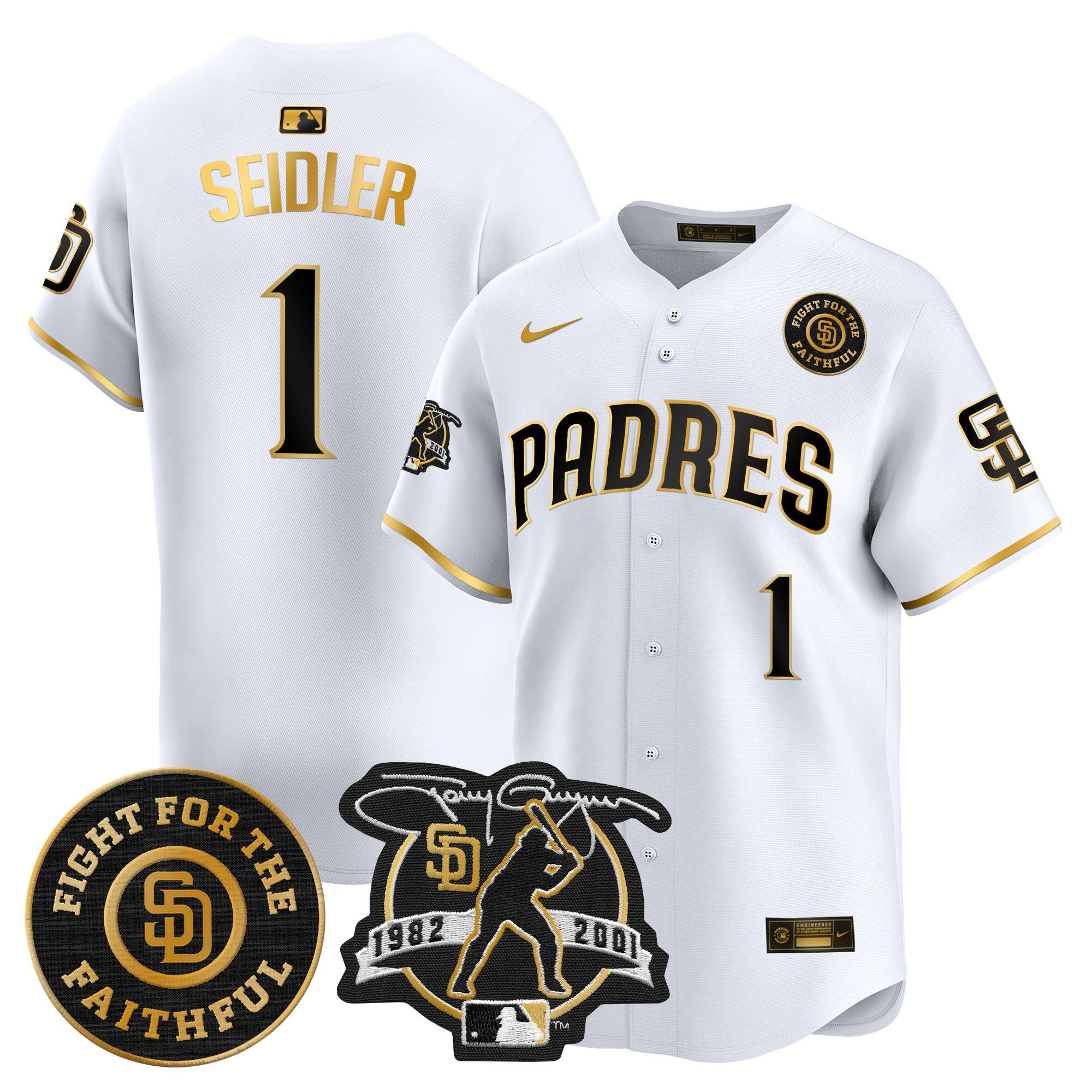 Men's Peter Seidler San Diego Padres Tony Gwynn & Faithful Patch Vapor Premier Limited White Gold Jersey ñ All Stitched