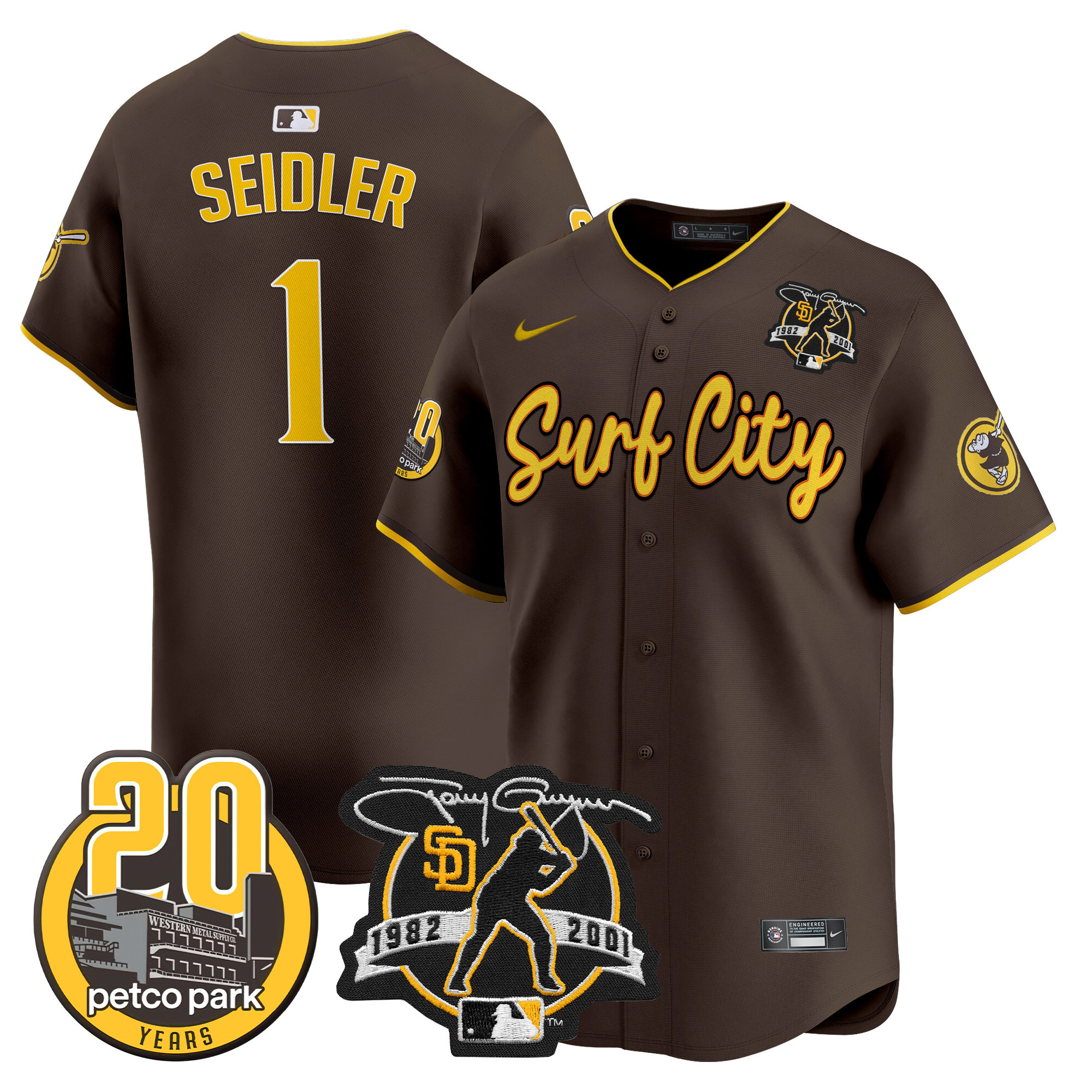 Men's Peter Seidler San Diego Padres Tony Gwynn & Petco Park 20th Patch Vapor Premier Limited Brown Jersey V3 ñ All Stitched