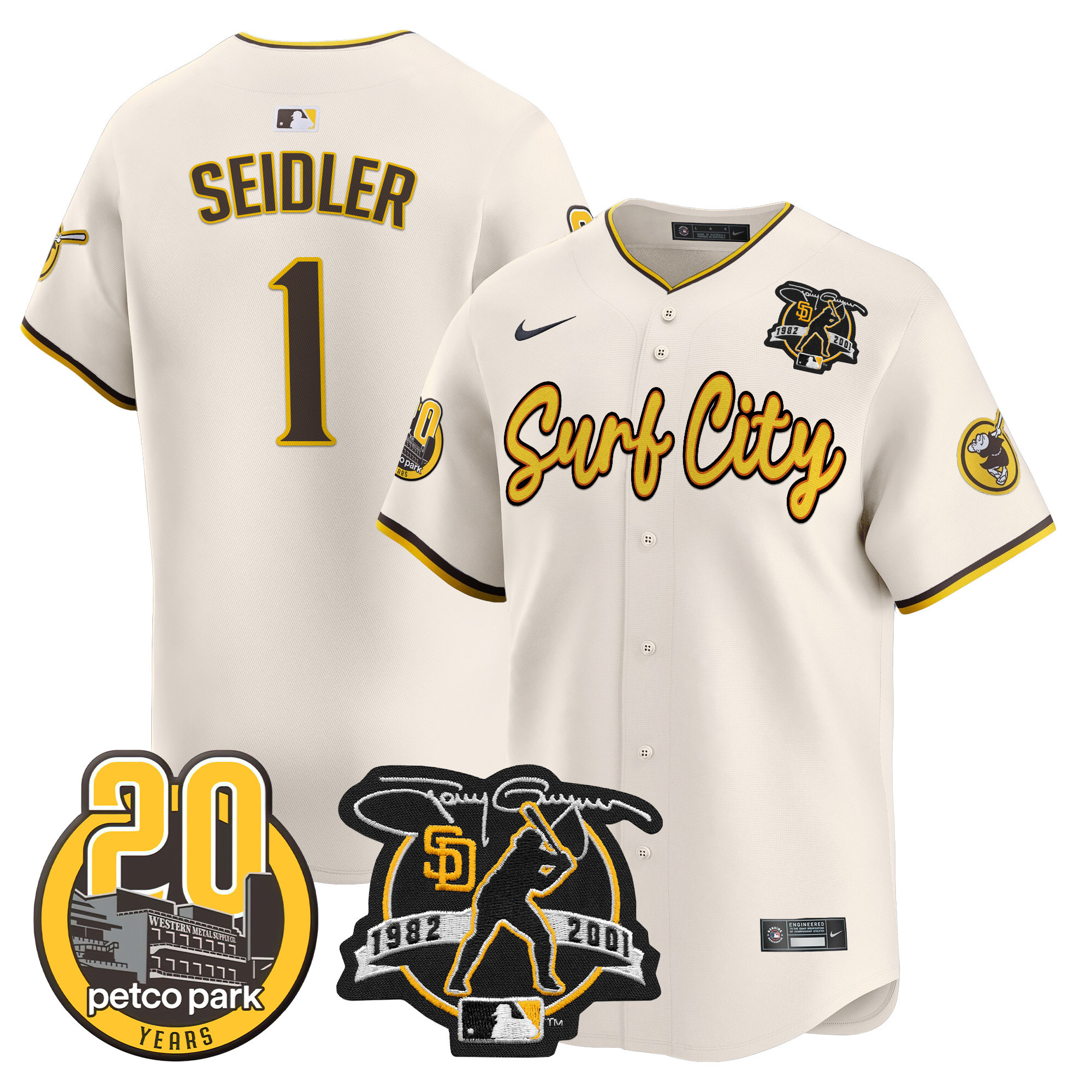 Men's Peter Seidler San Diego Padres Tony Gwynn & Petco Park 20th Patch Vapor Premier Limited Cream Jersey V3 ñ All Stitched