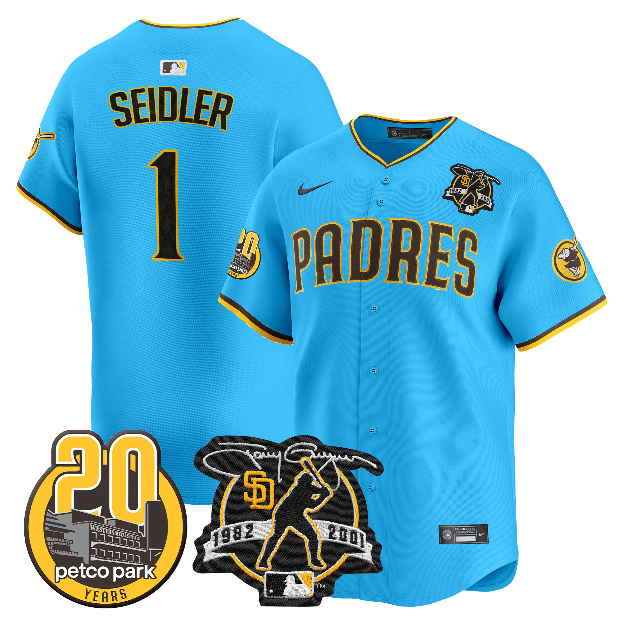 Men's Peter Seidler San Diego Padres Tony Gwynn & Petco Park 20th Patch Vapor Premier Limited Light Blue Jersey V2 ñ All Stitched