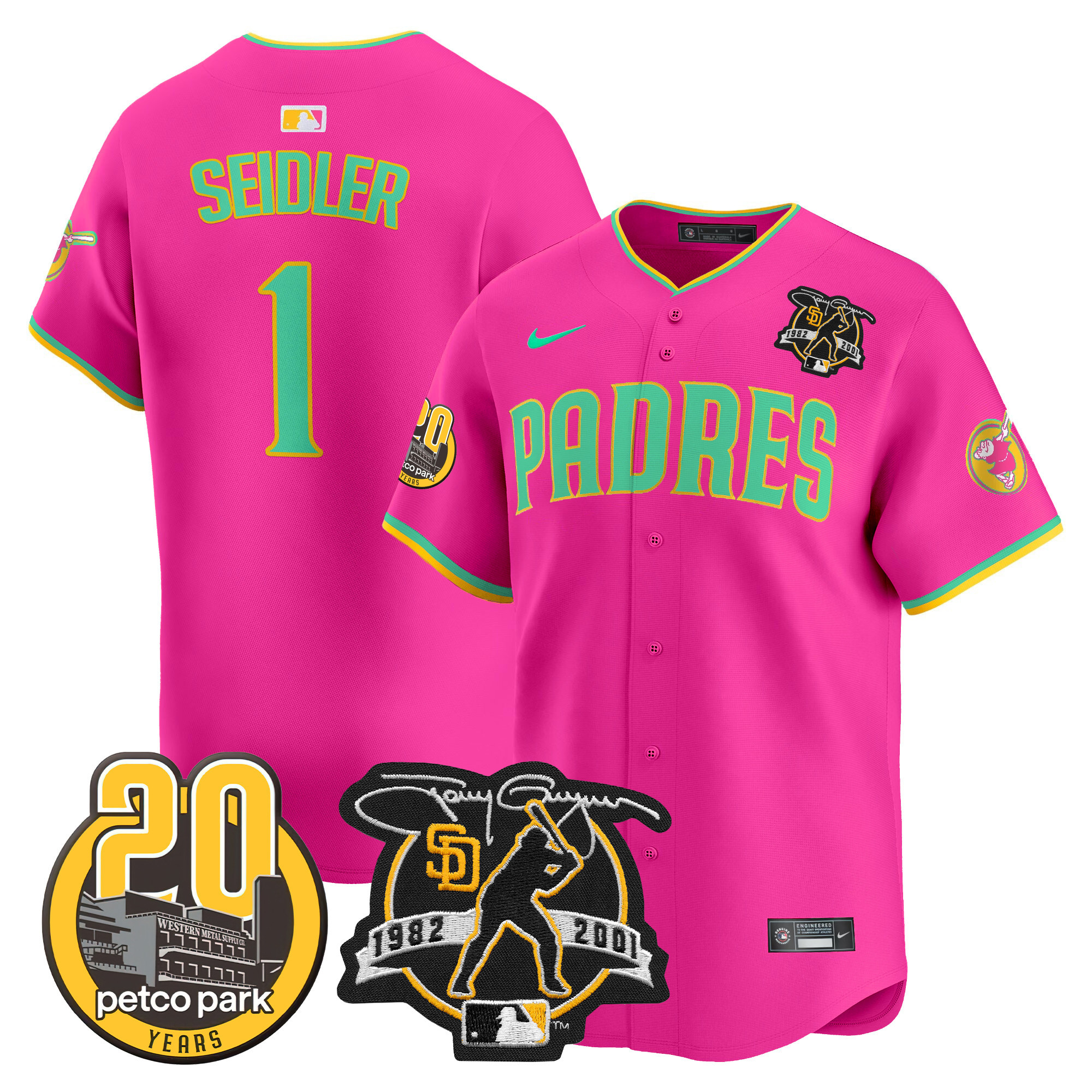 Men's Peter Seidler San Diego Padres Tony Gwynn & Petco Park 20th Patch Vapor Premier Limited Pink Jersey V2 ñ All Stitched